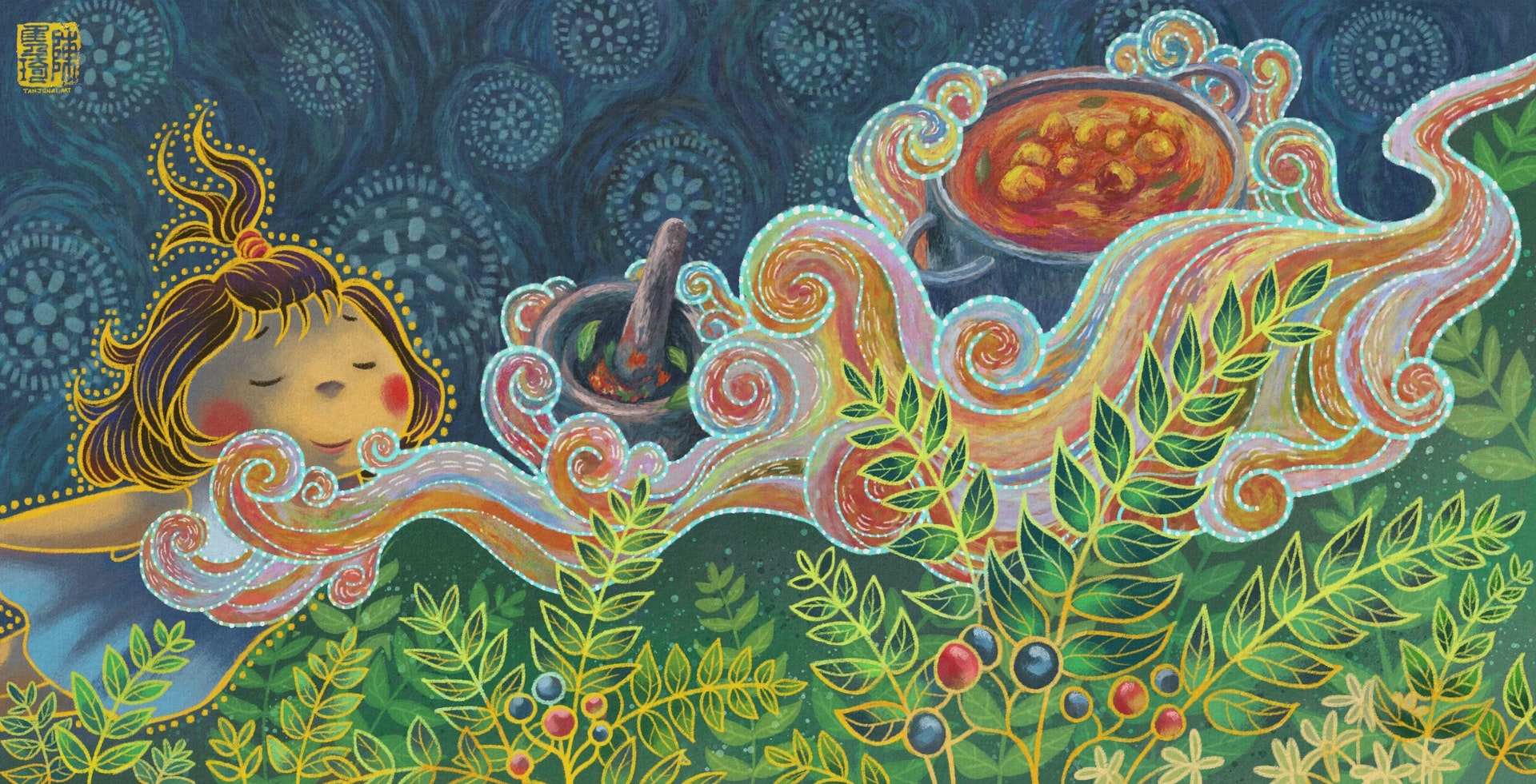 Digital painting with chalk texture and batik-inspired style and motifs, of a dreamy, whimsical scene where a young girl with short curly hair, some tied in a tuft above her head, in a pale blue dress with a white sailor color, is floating and following a scent cloud that stretches across the page. Below her curry leaves, fruiting and flowering, are swaying, while a pot of curry and curry paste in a mortar and pestle float above the scent cloud, against a dark blue background of circular batik motifs.