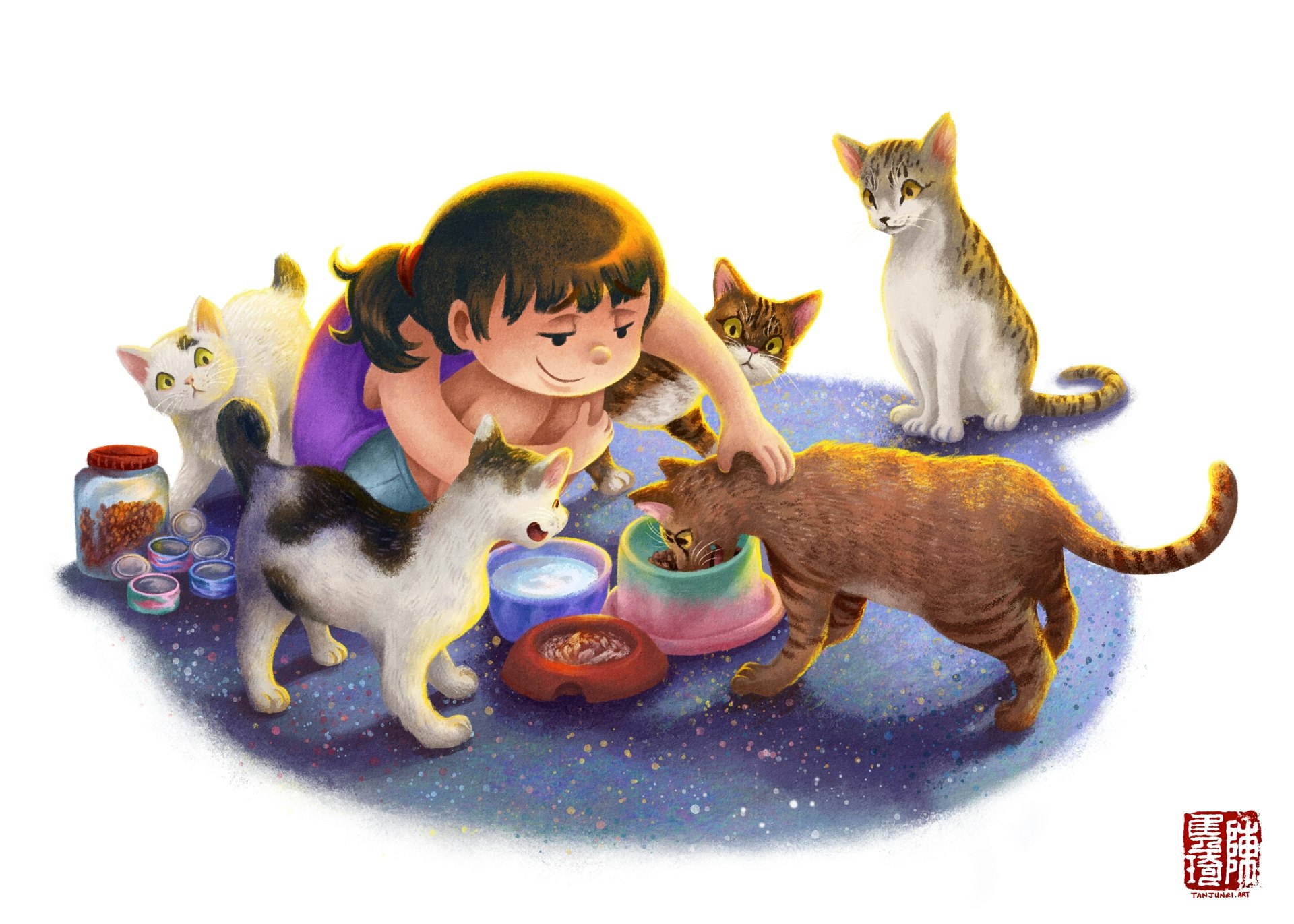 Digital painting of a young girl in a purple tank top and light blue shorts feeding a group of stray cats. She is stroking one of the cats (brown with some tabby markings) who is feeding from a dish in front of her, while the other cats are gathering around and looking eagerly at the food.