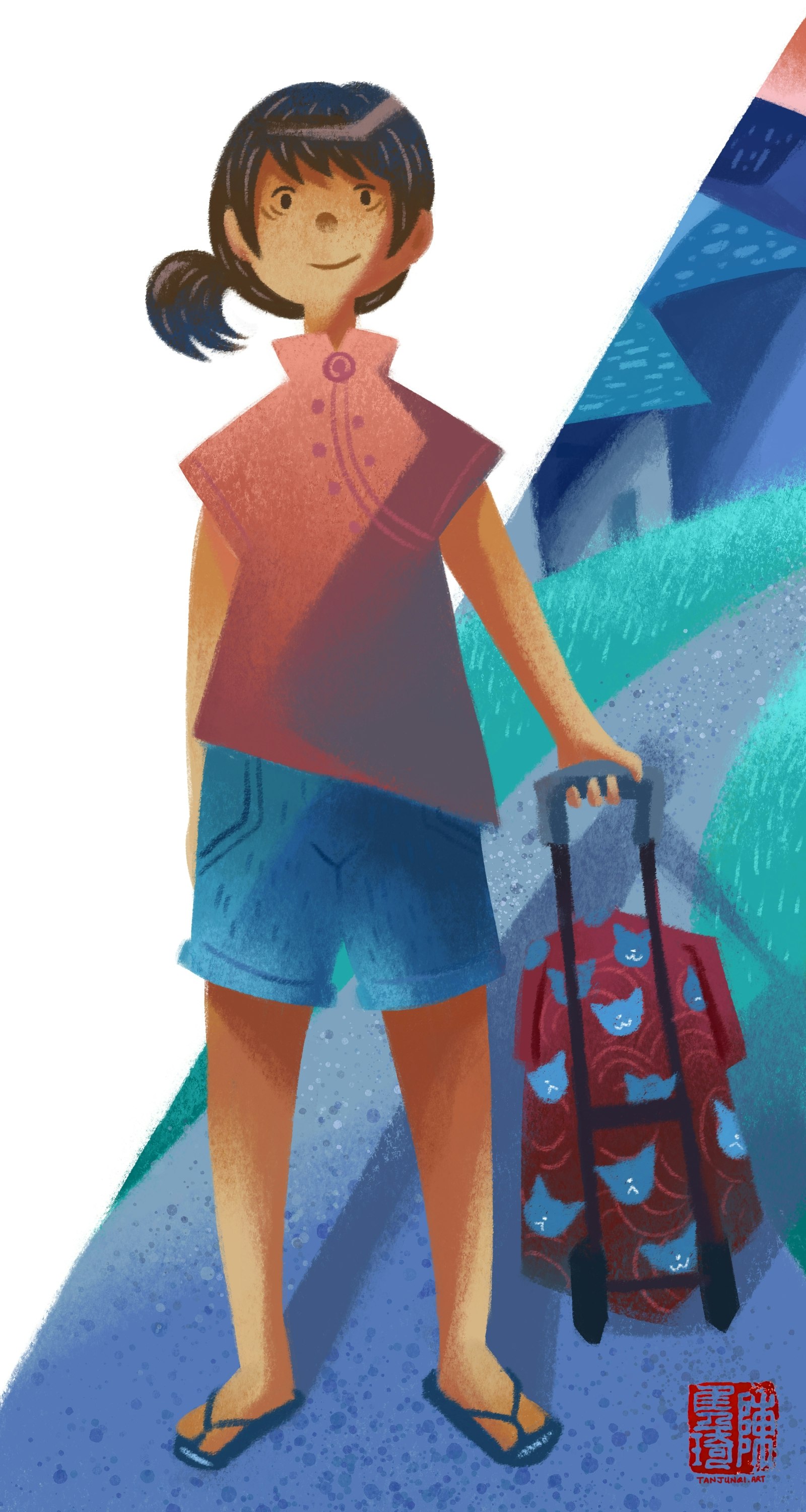 Digital painting with a crayon-textured and geometric aesthetic, showing a woman wearing a pink mandarin collar blouse and blue shorts, with a wayward ponytail, standing and holding onto a grocery trolley behing her, with a street and some houses in the background with a bluish atmosphere