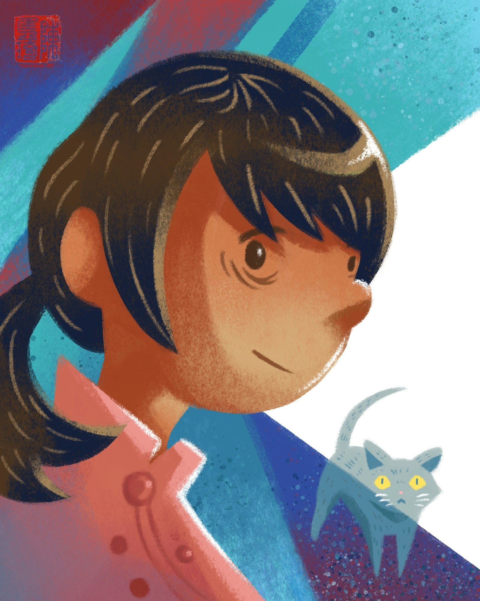 Digital painting of a bust-view of a woman with brown hair tied into a wayward pony tail looking at the viewer. She is wearing a pink mandarin collar blouse. In the background are blue angular shapes and a cat with grey fur and yellow eyes on the street.