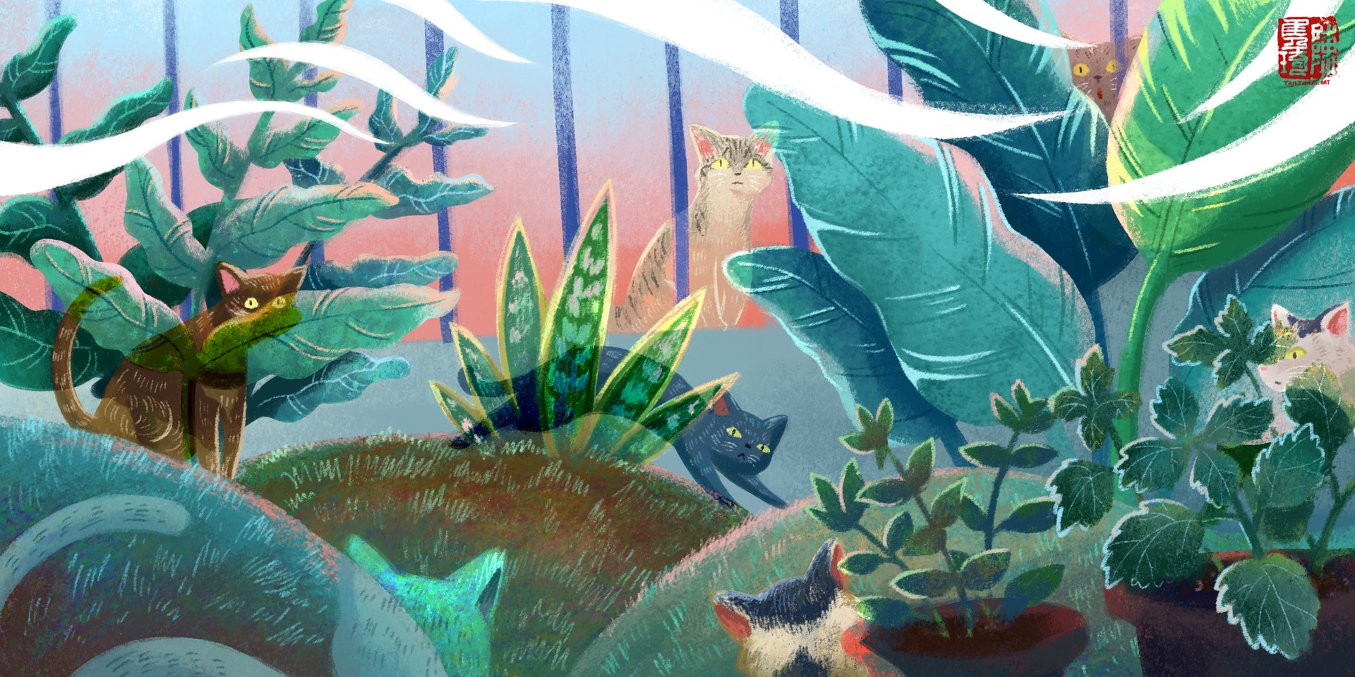 Digital painting of a bunch of cats in a tropical garden with broadleaf plants, in a textured, graphic style. Some cats are hidden behind foliage or sitting behind metal grills and peering at the viewer, others have their backs facing the viewer looking into the garden. There are some pots of herbs in the foreground on the right.