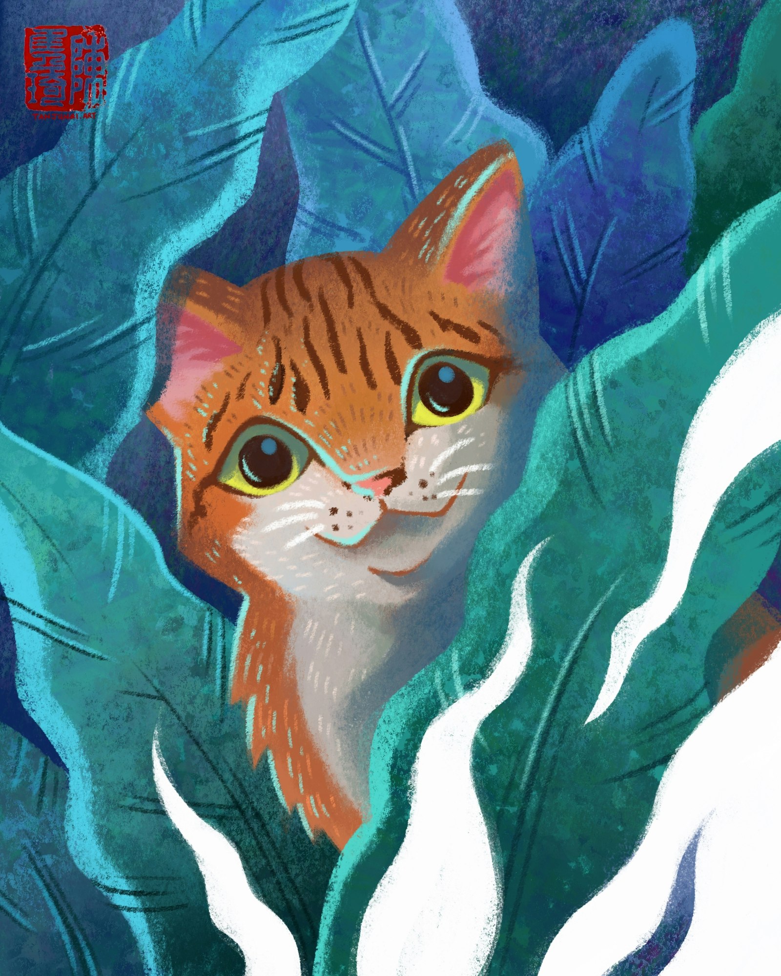 Digital painting of an orange and white tabby cat with large green eyes peering at the viewer through broadleaf green/blue leaves, in a graphic, textured style.