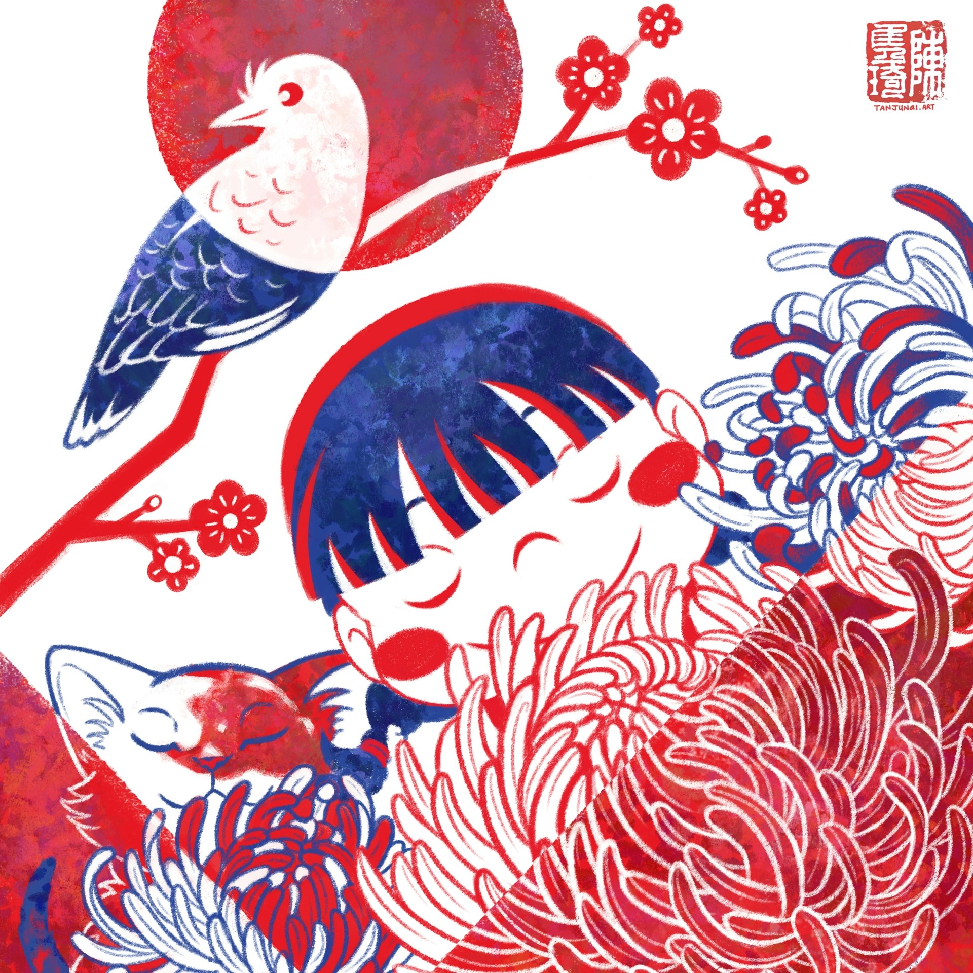 数码插画，以鲜红和深蓝色为色彩方案，描绘的是小女孩珊珊、小猫妹和八哥哥一起在欣赏新年的菊花和樱桃。稍带剪纸的风格和蜡笔的质感。