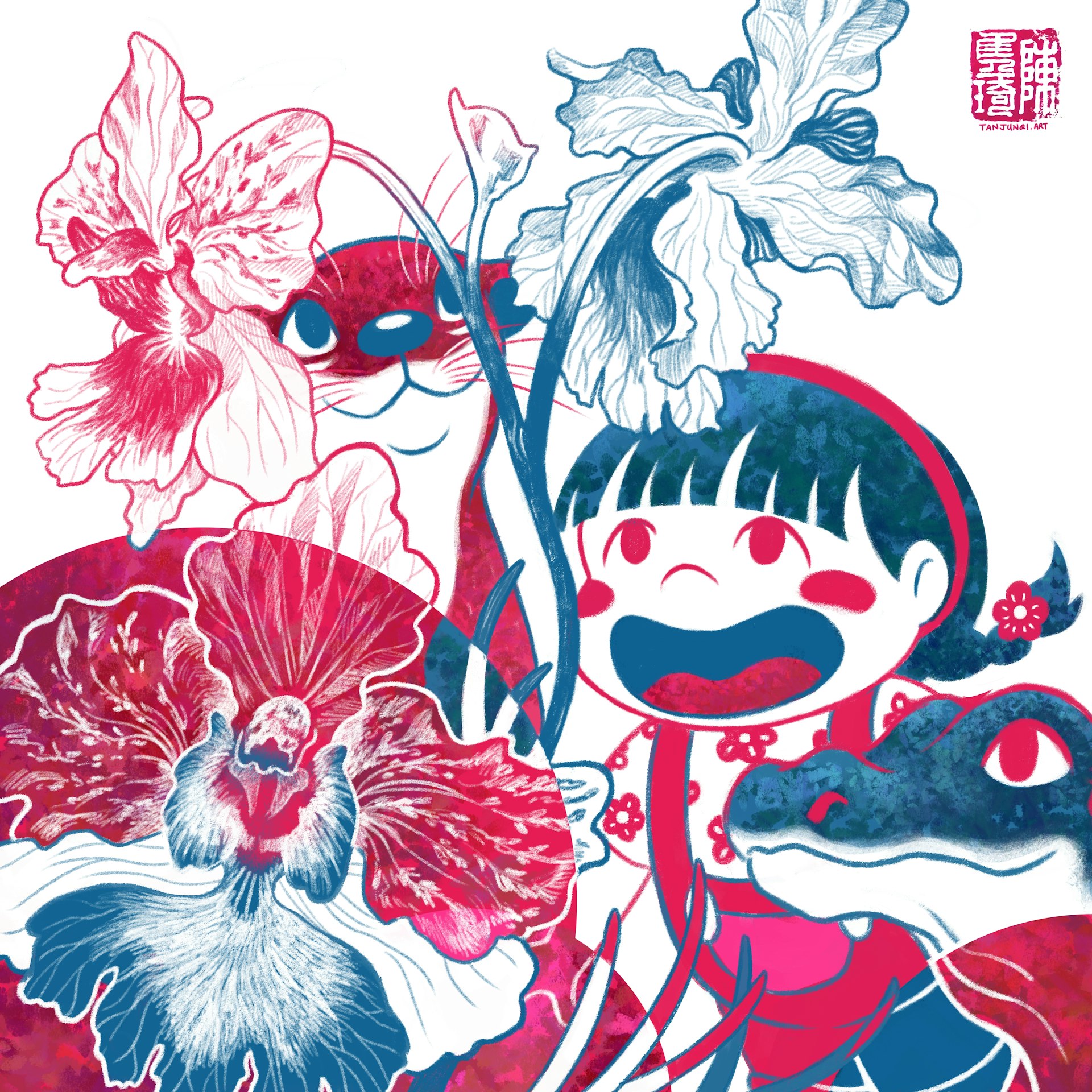 Digital painting in a fuschia and dark blue theme, showing Shan Shan, Mr. Otter and Ms. Water Monitor admiring a cluster of blooming orchids. The style is slightly graphic, playing with outlines and positive/negative space.