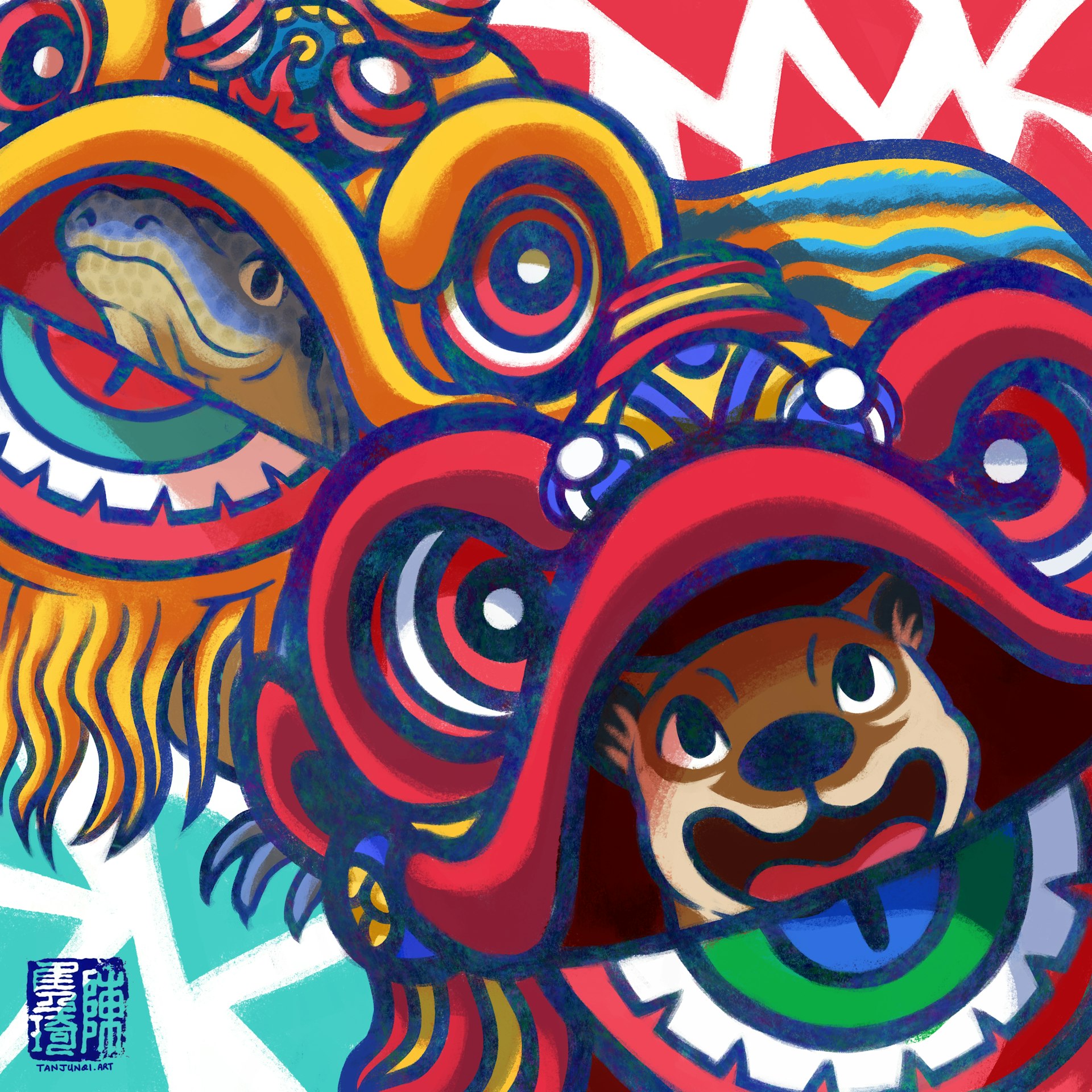 Digital painting of Mr Otter and Ms. Water Monitor doing the Southern Lion Dance. Style is bright, graphic, with vivid colors, thick outlines and geometric shapes.