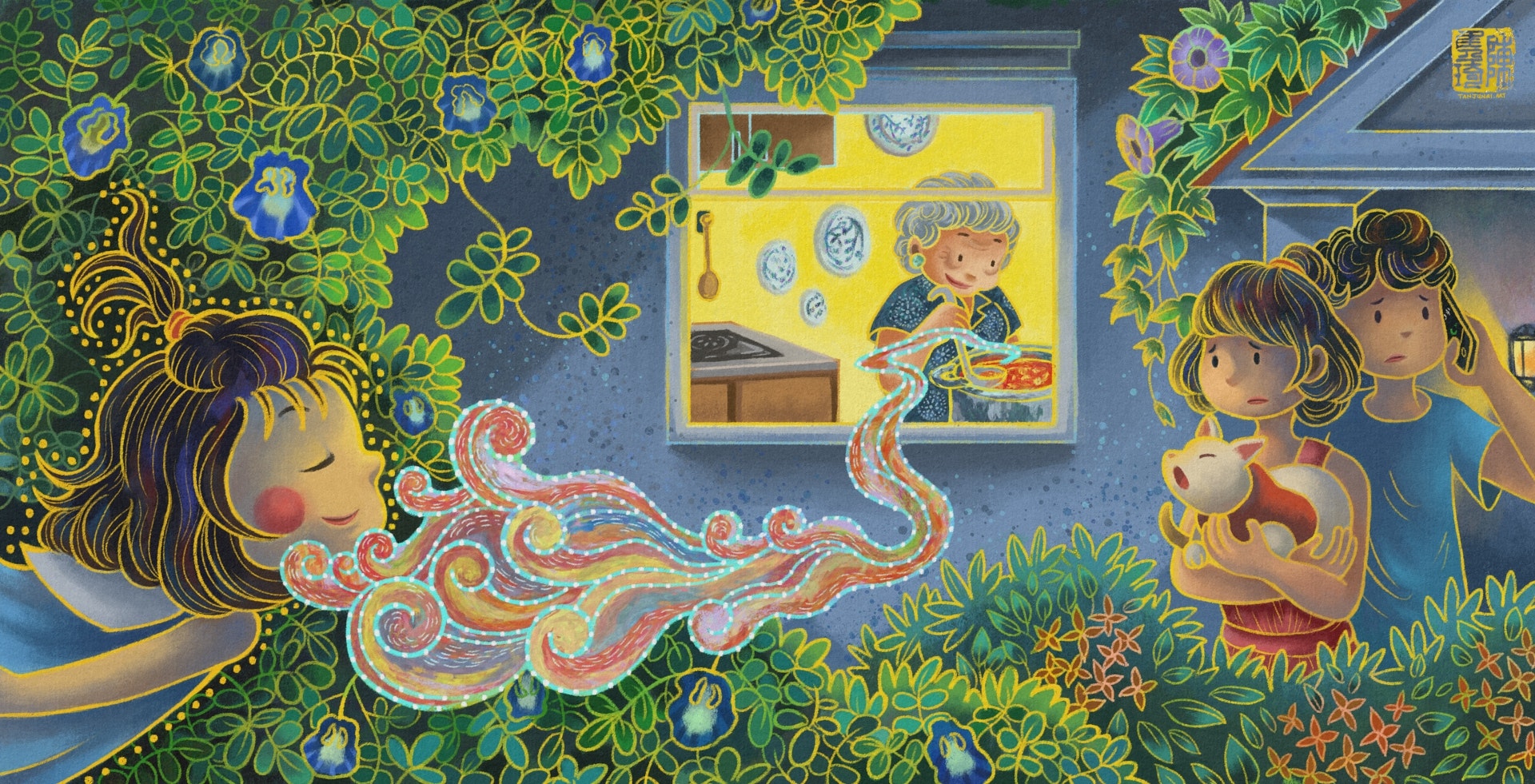 Digital painting with chalk texture and batik-inspired style and motifs, of a young girl with short curly hair, some tied up in a tuft on her head, floating behind bushes of blue pea flowers, following a scent cloud originating from the kitchen of her house where her grandma is cooking curry. Her mother, father, and their pet cat are standing at the front porch looking worried.