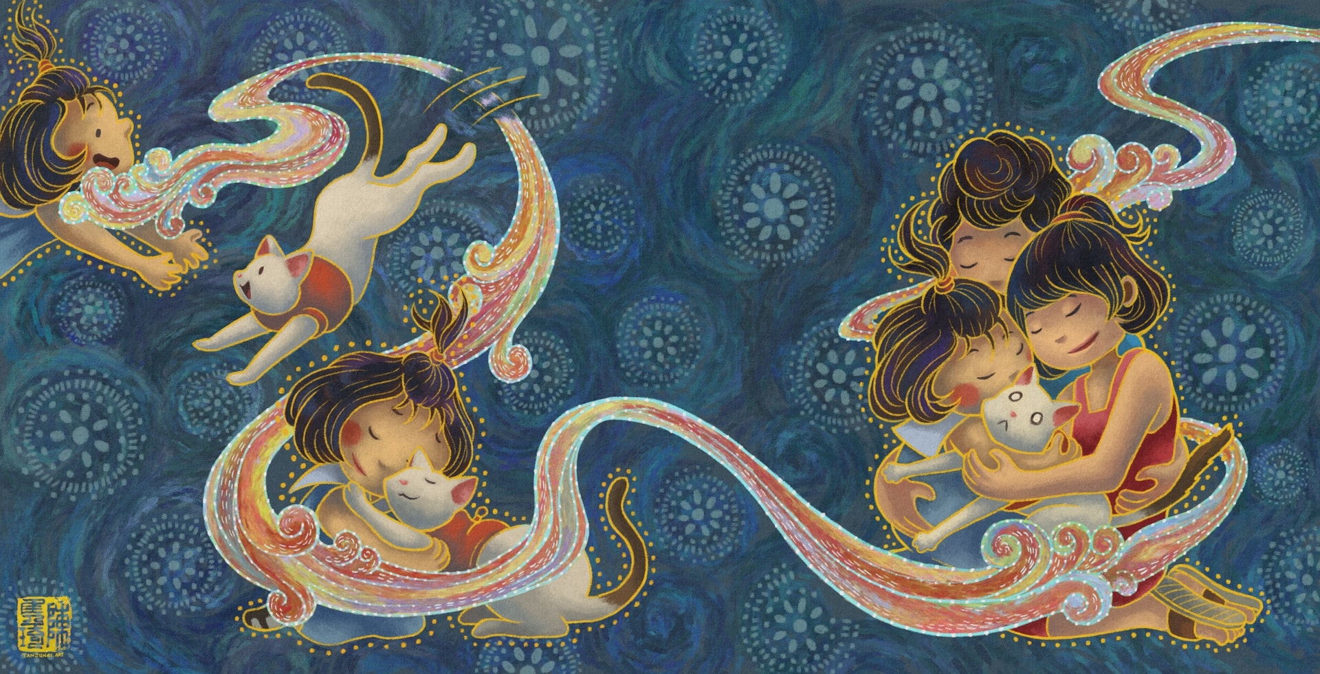 Digital painting with chalk texture and batik-inspired style and motifs, of a sequence of spot illustrations, against a background of dark blue with wavy textures and white circular batik motifs. In the first illustration a young girl with short, curly hair, some tied in a tuft above her head, is floating, following a cloud of scent, with arms outstretched as a white cat with a brown tail wearing a red harness comes bounding up joyfully towards her. In the second illustration, the girl kneels down in an embrace with the cat, while the scent cloud snakes around them, leading to the third illustration, where her mother and father also join in with the hug. The cat is a bit squeezed and uncomfortable.
