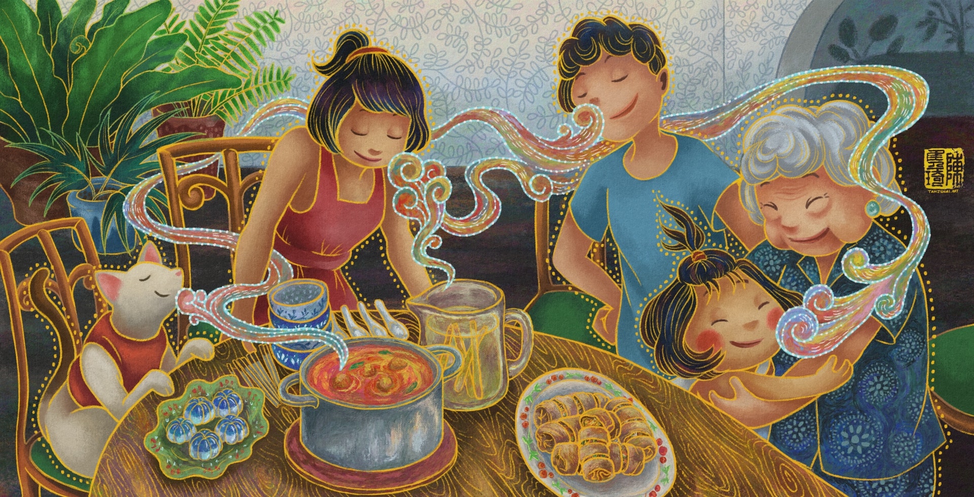 Digital painting with chalk texture and batik-inspired style and motifs, of the young girl and her family gathered around a dining table in anticipation of a delicious dinner. The young girl is hugging her grandmother, who is wearing a dark blue cottom dress with white circular batik motifs. Her father has his arms on his hips, head lifted up as he sniffs and avours the delicious scent of food, while her mother is leaning forward on the table, also deeply breathing the scent in. The cat is sitting on the chair on the far left side of the scene, paws on the table and also delighting in the scent of the food. On the wooden dining table there is a pot of curry, a plate of blue-pea-colored agar agar jelly, a plate of pohpiah springrolls, a jug of lemongrass drink, and a stack of bowls and some chopsticks beside them. There are some potted plants (ferns and palms) in the background