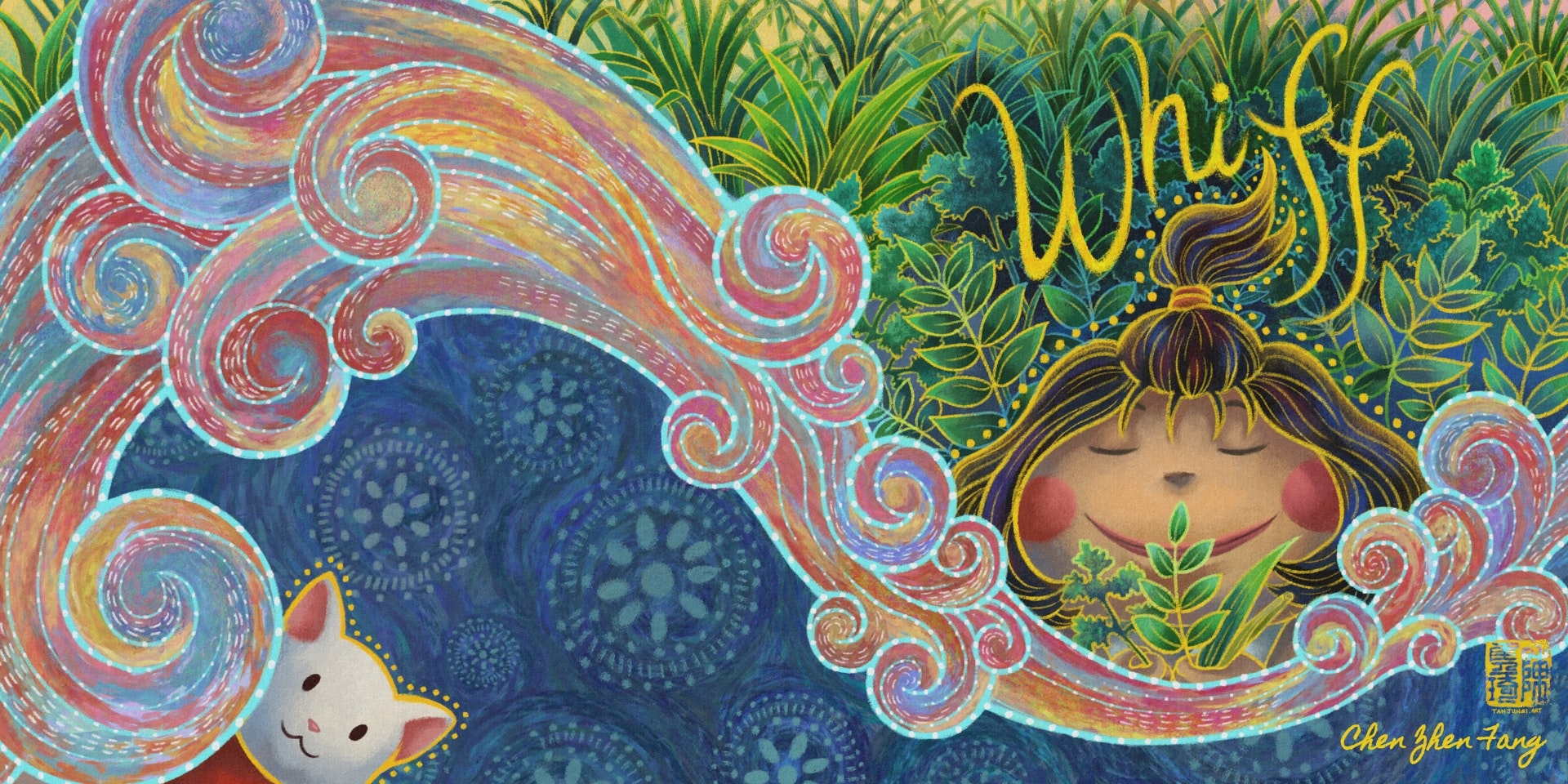 Digital painting with chalk texture and batik-inspired style and motifs, of the young girl facing the viewer and breathing in the fragrance of herbs she is holding in her hands with her eyes close. The title is written in gold letters above her, and a colorful scent cloud wafts across the page, and there is a garden of plants in the background. A white cat with a red harness pokes its head from behind the scent cloud on the left of the page.
