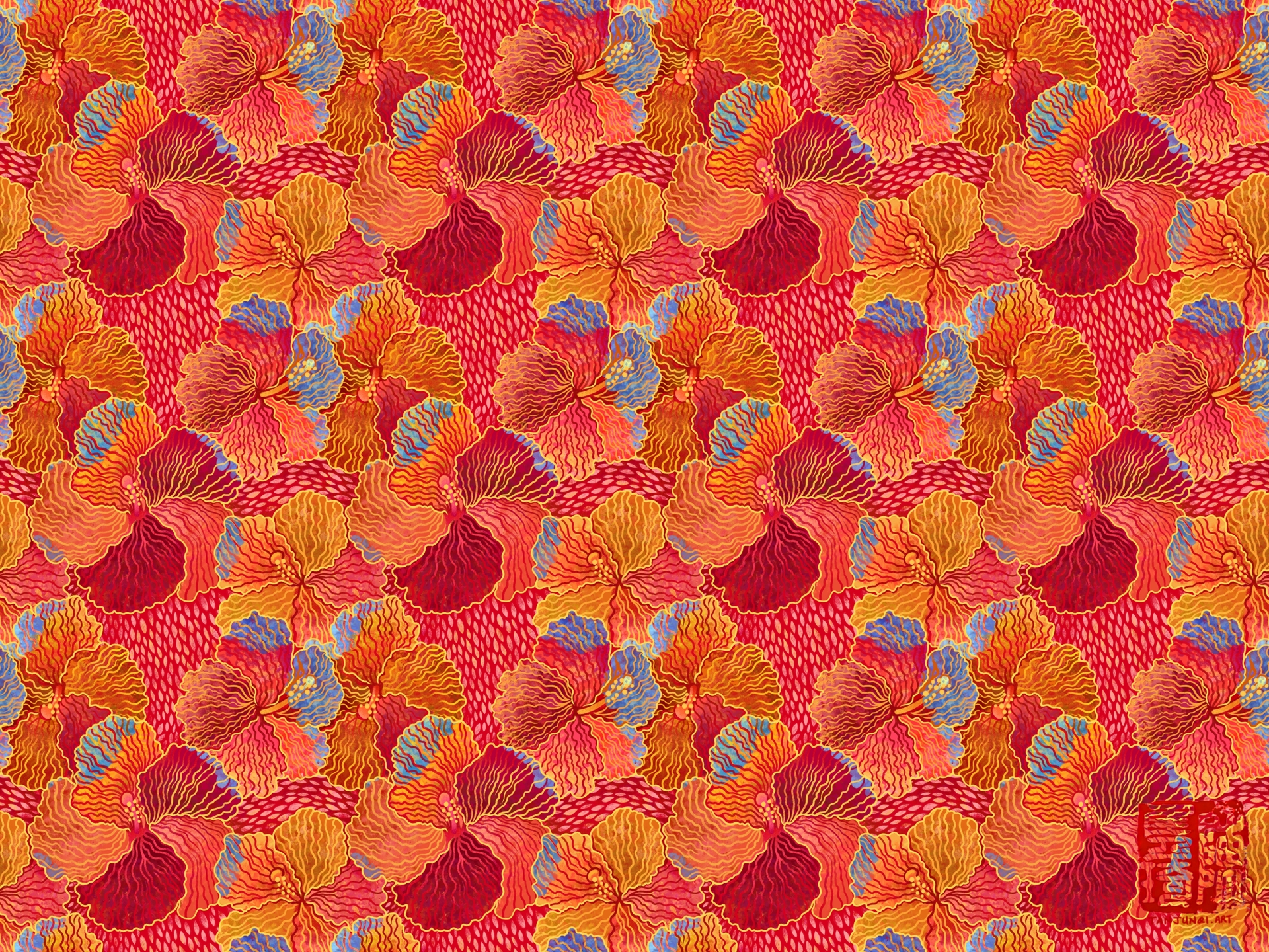 Digitally painted floral design of overlapping red hibiscuses, done in a slightly graphic and textured style inspired by batik and Chinese papercuts. The hibiscus are different hues of red and magenta, while the outlines are golden, and their overlapping parts are blue, against a background with a light pink pattern. The design is tiled across a larger area