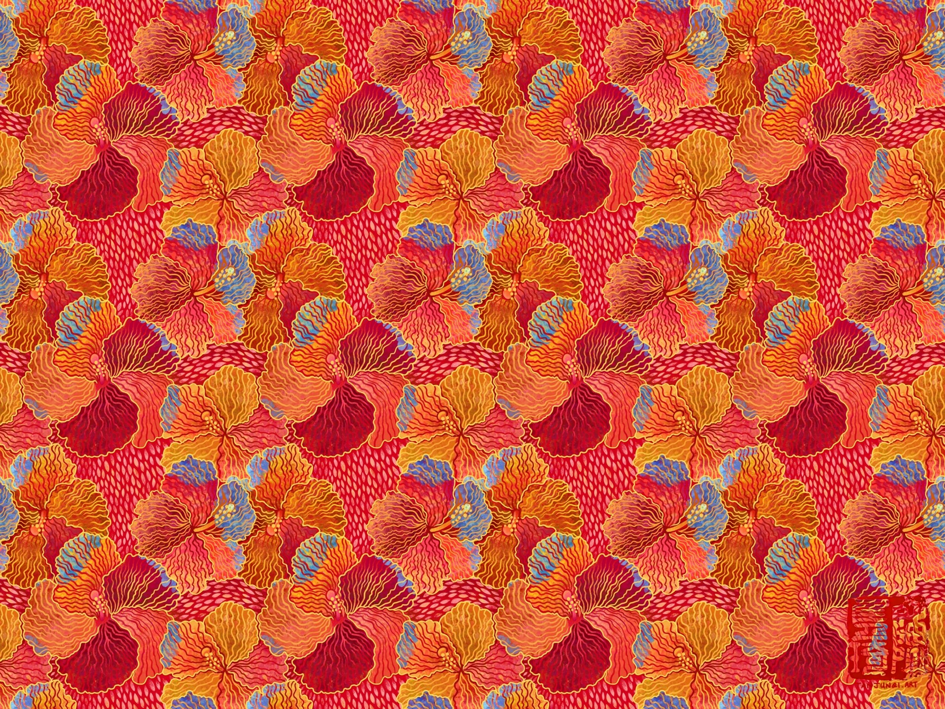 Digitally painted floral design of overlapping red hibiscuses, done in a slightly graphic and textured style inspired by batik and Chinese papercuts. The hibiscus are different hues of red and magenta, while the outlines are golden, and their overlapping parts are blue, against a background with a light pink pattern. The design is tiled across a larger area