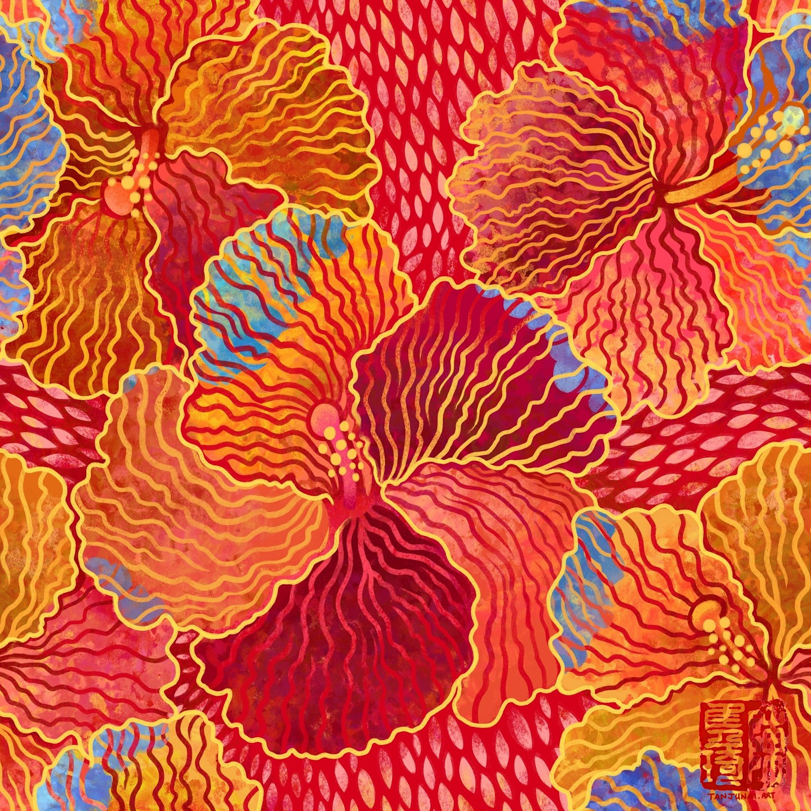 Digitally painted floral design of overlapping red hibiscuses, done in a slightly graphic and textured style inspired by batik and Chinese papercuts. The hibiscus are different hues of red and magenta, while the outlines are golden, and their overlapping parts are blue, against a background with a light pink pattern.