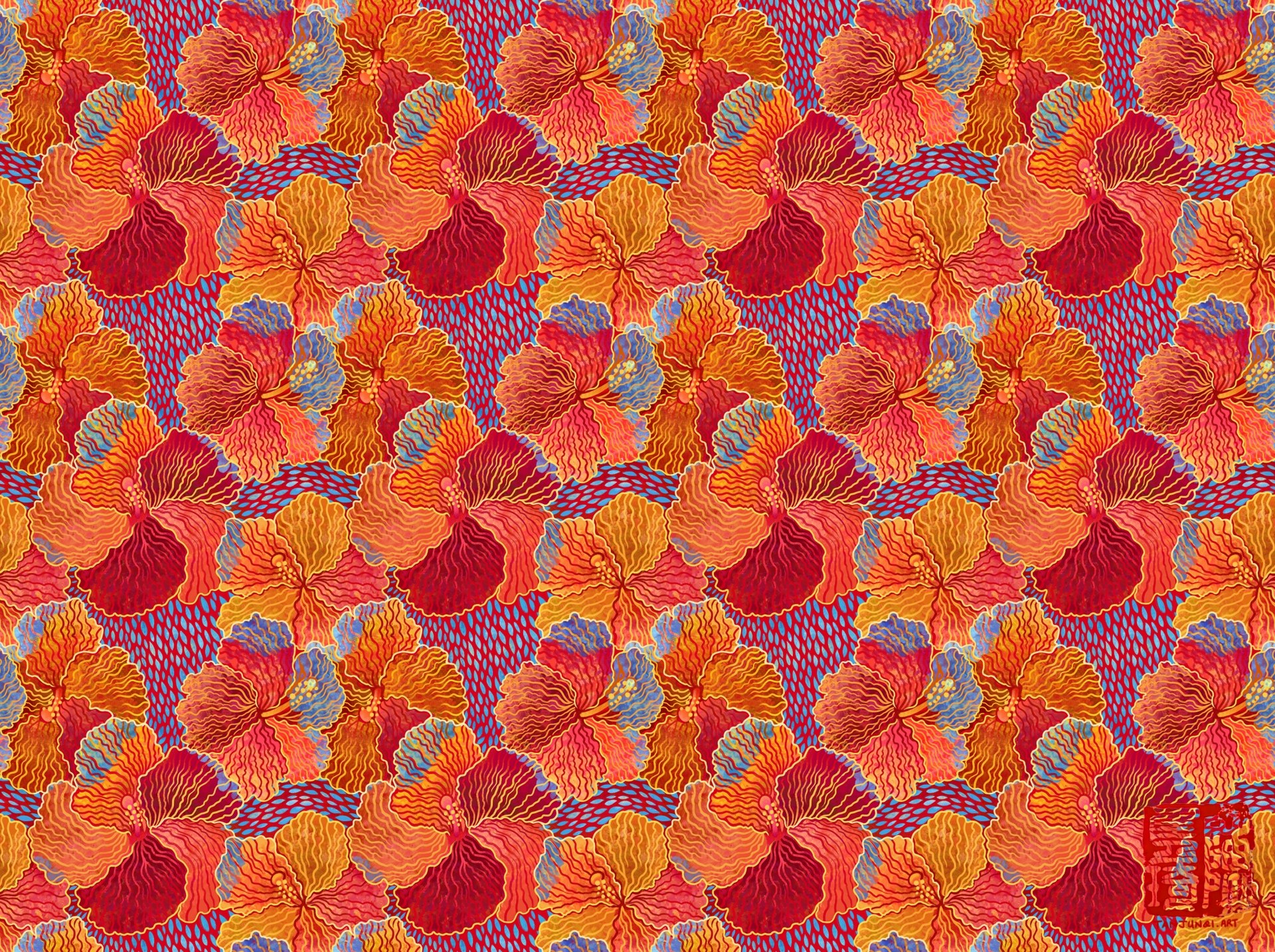 Digitally painted floral design of overlapping red hibiscuses, done in a slightly graphic and textured style inspired by batik and Chinese papercuts. The hibiscus are different hues of red and magenta, while the outlines are golden, and their overlapping parts are blue, against a background with a dark blue pattern. The design is tiled across a larger area