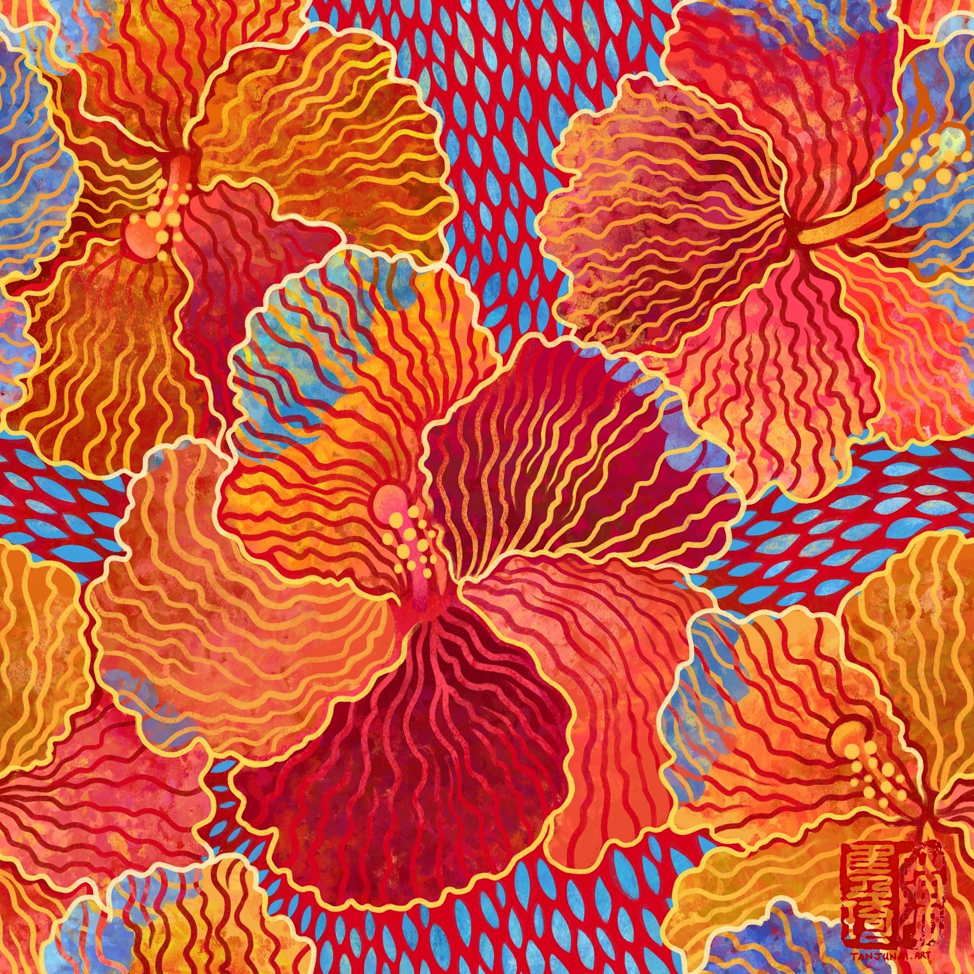 Digitally painted floral design of overlapping red hibiscuses, done in a slightly graphic and textured style inspired by batik and Chinese papercuts. The hibiscus are different hues of red and magenta, while the outlines are golden, and their overlapping parts are blue, against a background with a dark blue pattern.
