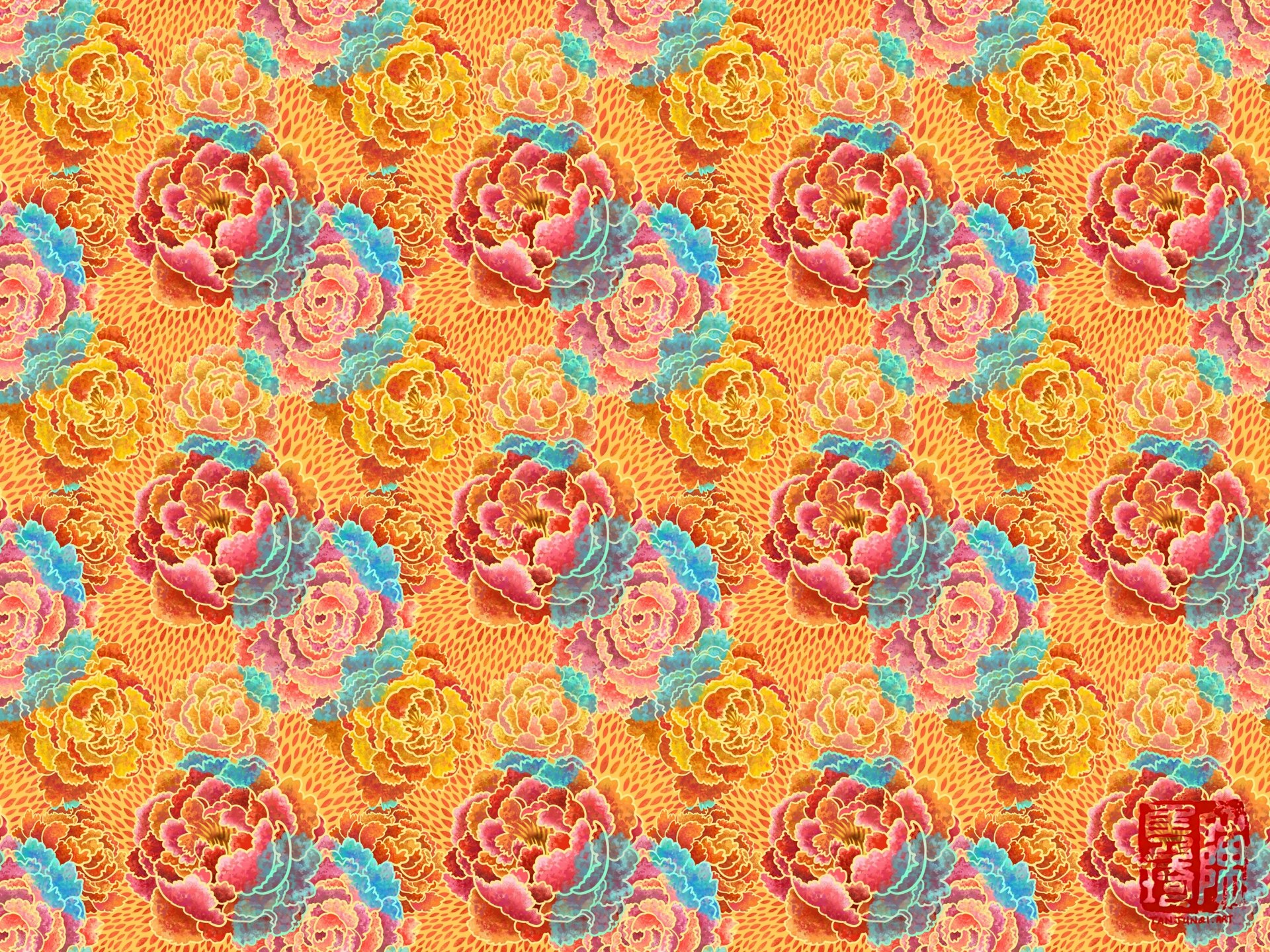 Digitally painted floral design of overlapping pink and orange peonies, done in a slightly graphic and textured style inspired by batik and Chinese papercuts. The peonies are different hues of pink and orange, while the outlines are golden, and their overlapping parts are light blue and turquoise, against a golden background with a teal pattern.