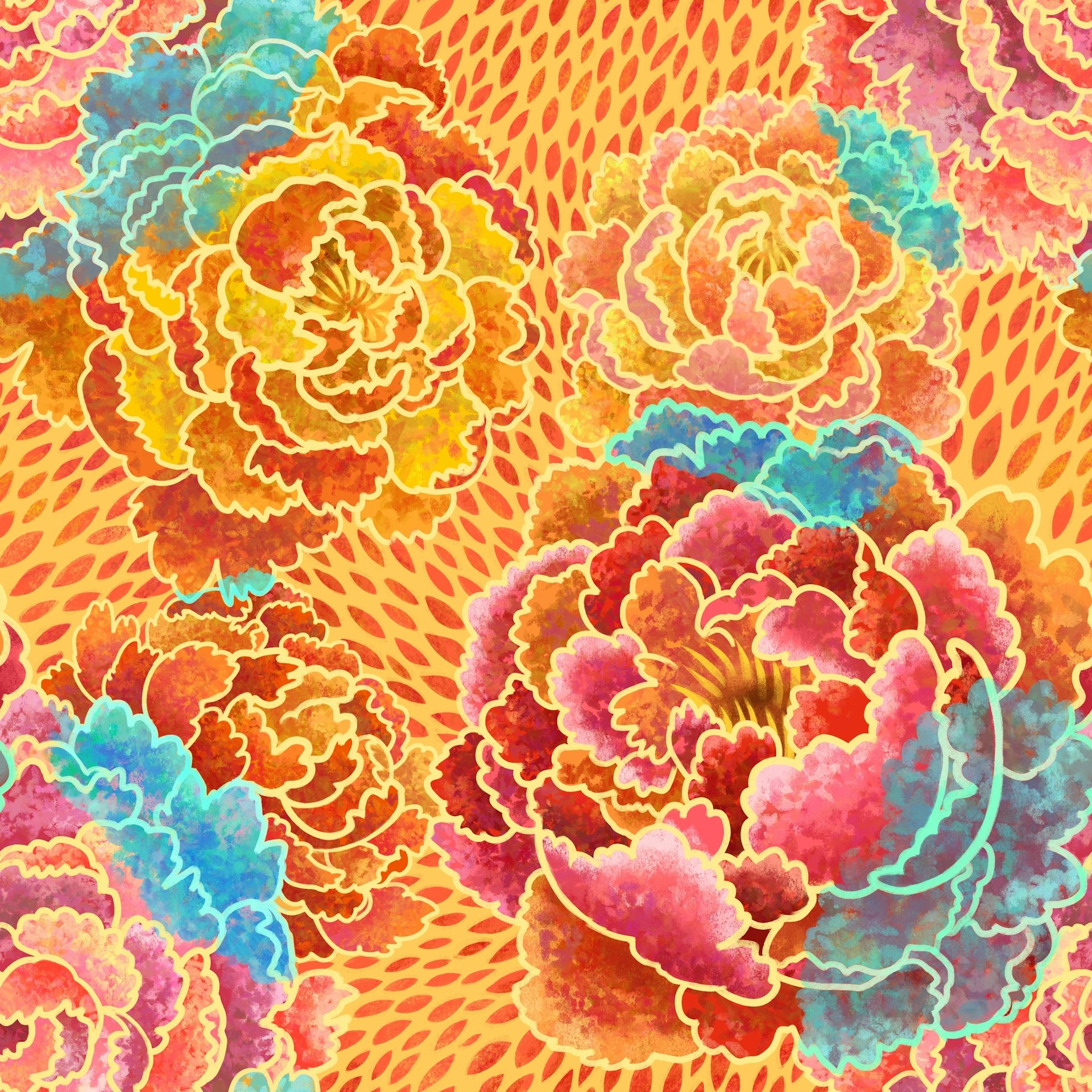 Digitally painted floral design of overlapping pink and orange peonies, done in a slightly graphic and textured style inspired by batik and Chinese papercuts. The peonies are different hues of pink and orange, while the outlines are golden, and their overlapping parts are light blue and turquoise, against a golden background with a red pattern.
