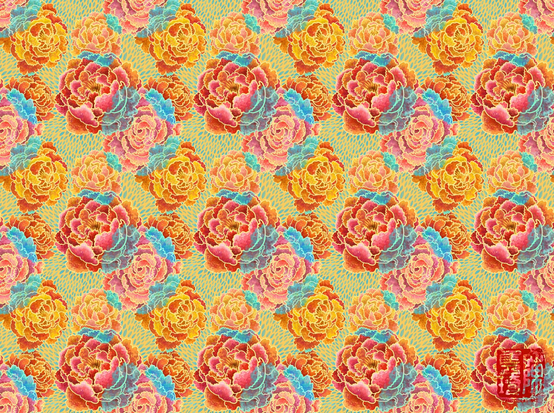 Digitally painted floral design of overlapping pink and orange peonies, done in a slightly graphic and textured style inspired by batik and Chinese papercuts. The peonies are different hues of pink and orange, while the outlines are golden, and their overlapping parts are light blue and turquoise, against a golden background with a light blue pattern. The pattern is repeated over a larger area.