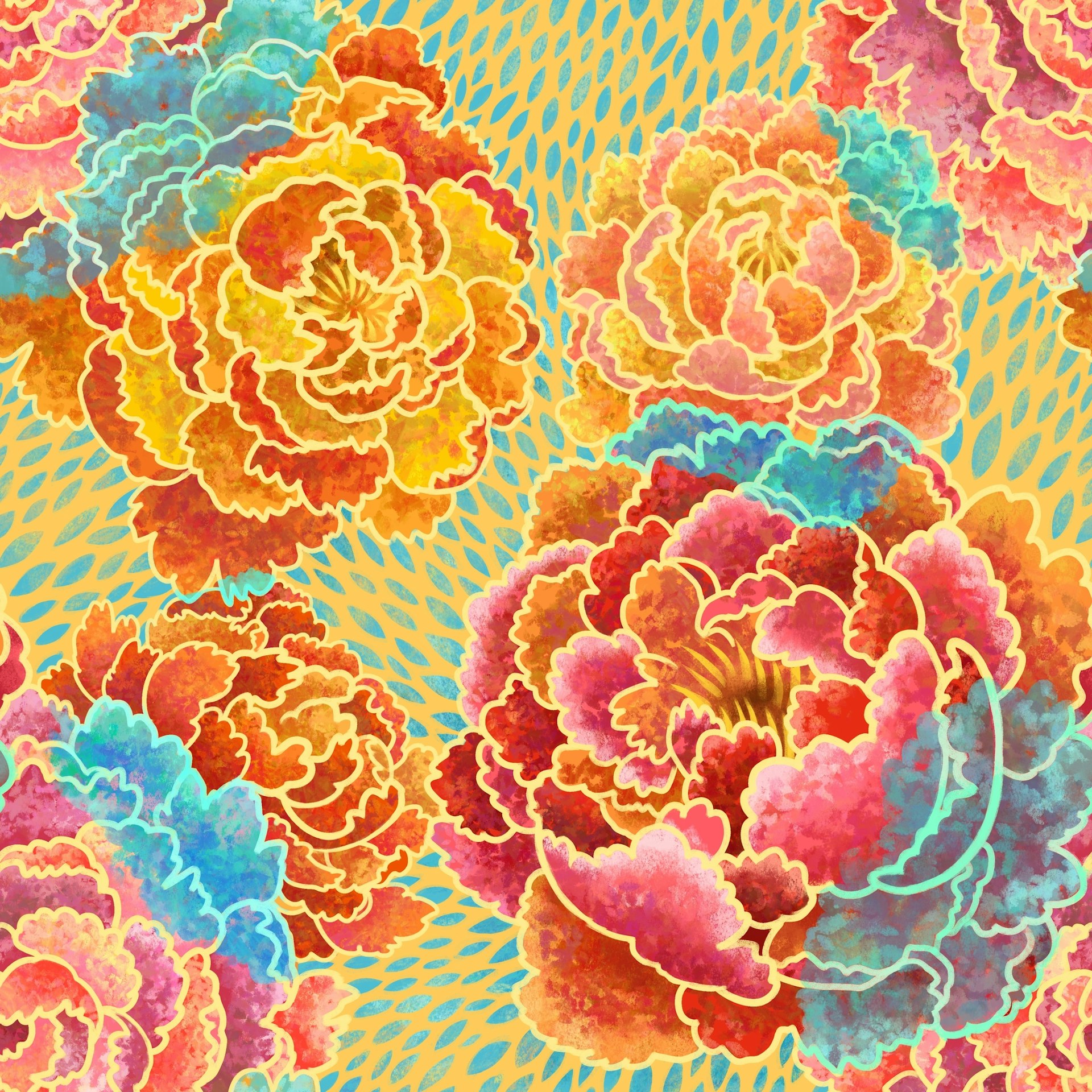 Digitally painted floral design of overlapping pink and orange peonies, done in a slightly graphic and textured style inspired by batik and Chinese papercuts. The peonies are different hues of pink and orange, while the outlines are golden, and their overlapping parts are light blue and turquoise, against a golden background with a red pattern. The pattern is repeated over a larger area.