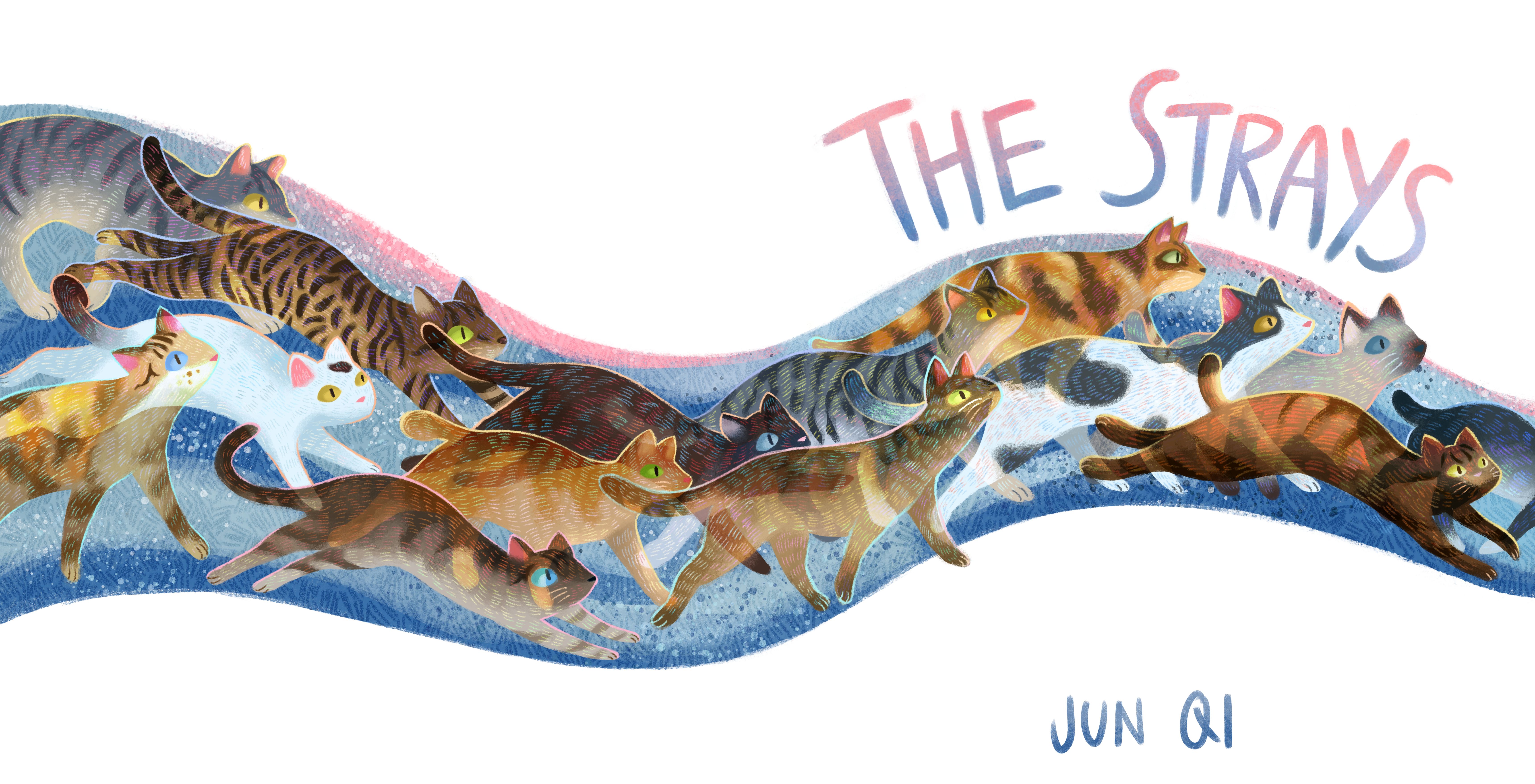 Cover illustration titled 'The Strays', showing a line of cats running across the road.
