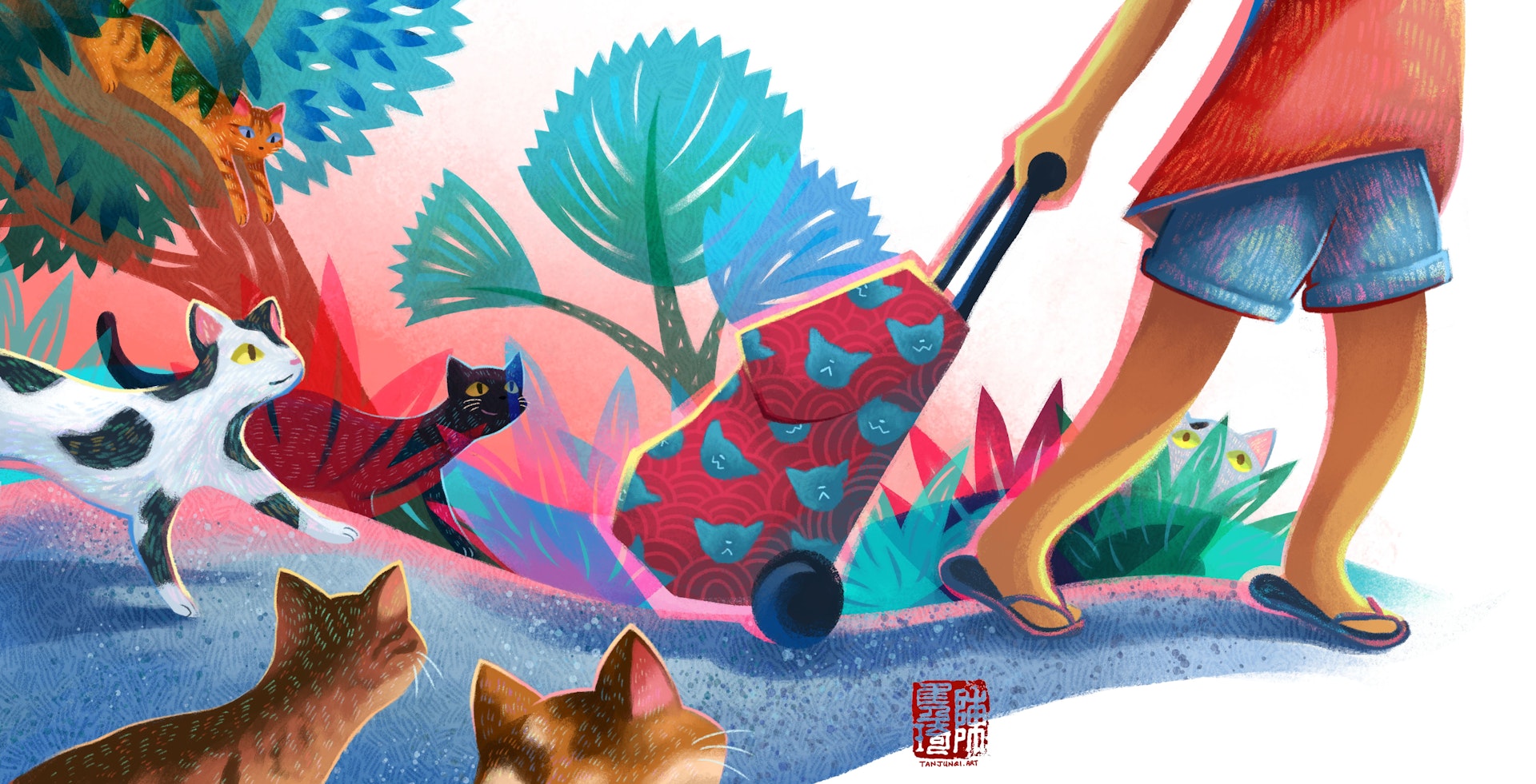 Illustration of a woman pulling a trolley on a road and a bunch of cats following her
