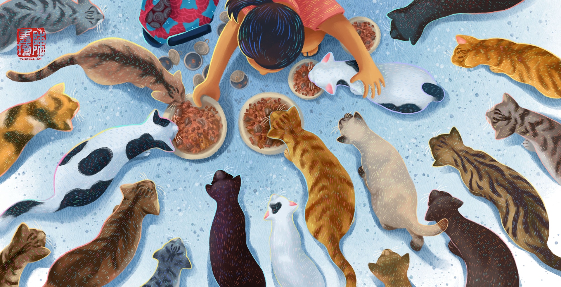 Illustration of a woman putting out plates of cat food and cats crowding around her