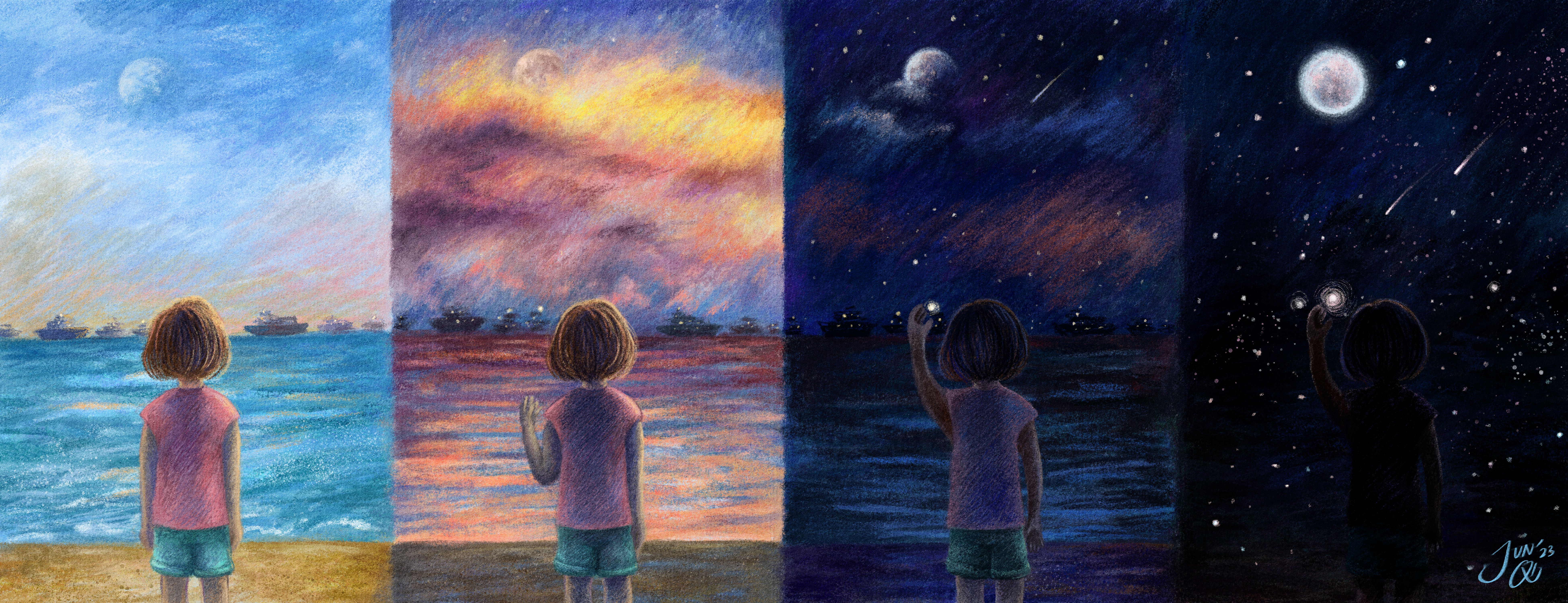 Illustration over four panels of a young girl standing before a beach, from day to dusk to night, when the moon and stars emerge, with ships on the horizon in the distance
