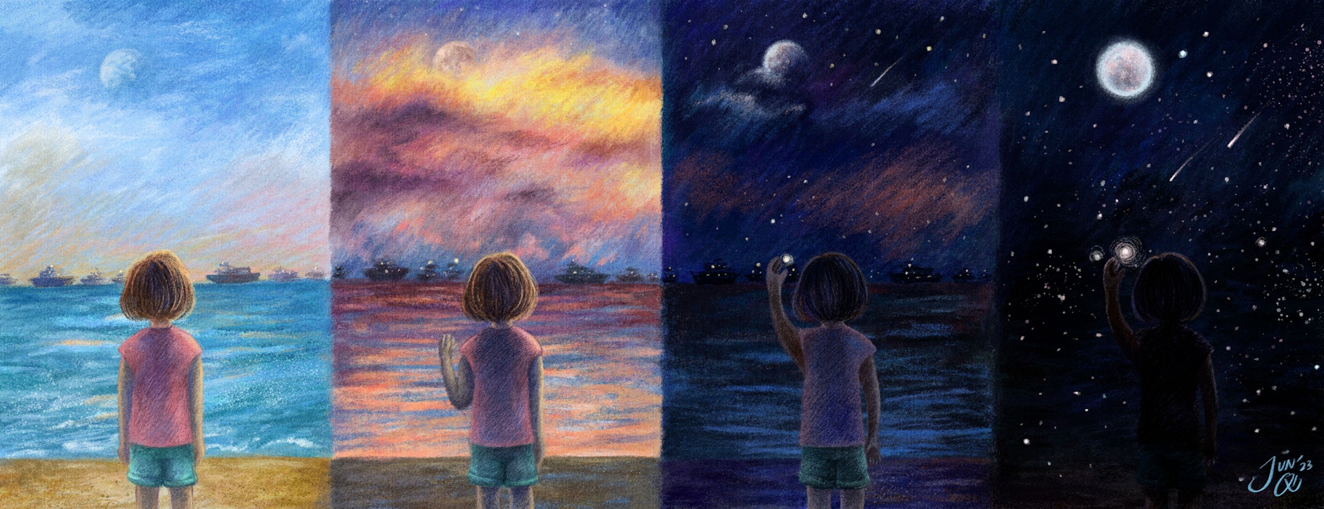 Illustration over four panels of a young girl standing before a beach, from day to dusk to night, when the moon and stars emerge, with ships on the horizon in the distance