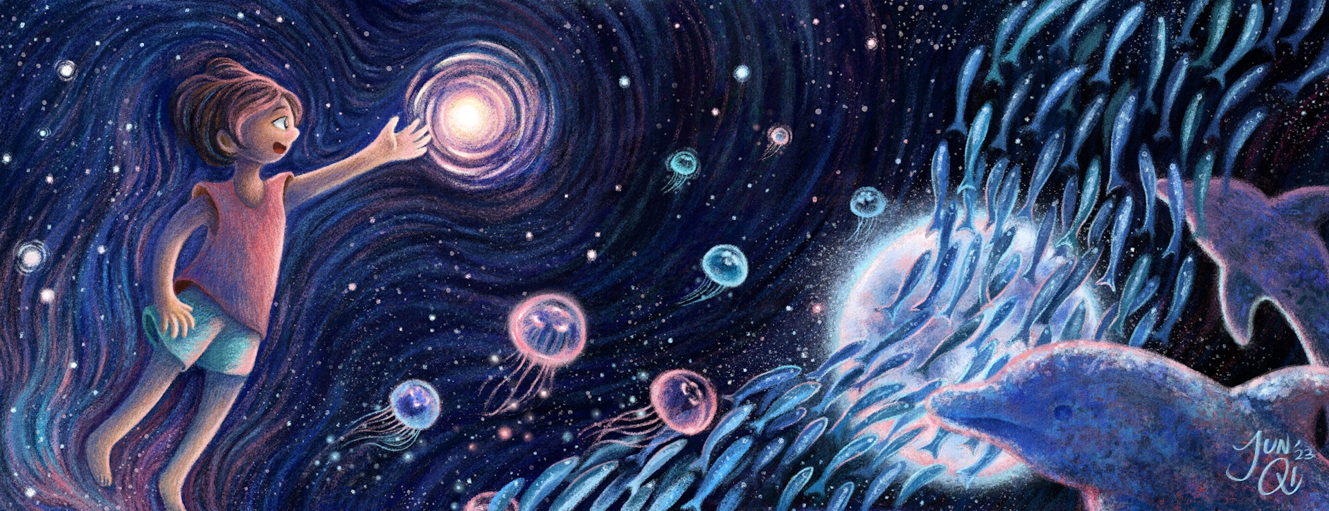 Illustration of a girl floating in spacesea, reaching out to a glowing orb/star. A silvery shoal of fish swim past a full moon as well as some dolphins. There are shooting stars and nebulae in the distance.