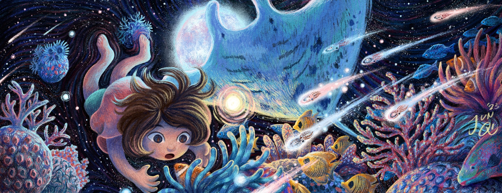 Illustration of a young girl swimming in spacesea and admiring a coral reef, beneath a large full moon. A manta ray swims overhead, and baby squids shoot past like shooting stars