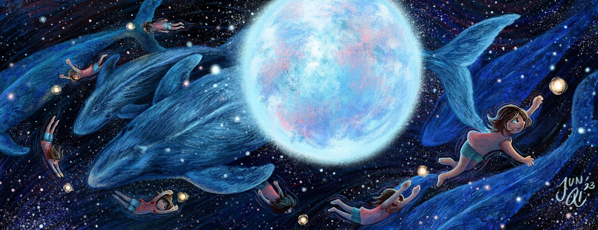 Illustration of a young girl swimming amongst blue whales in spacesea