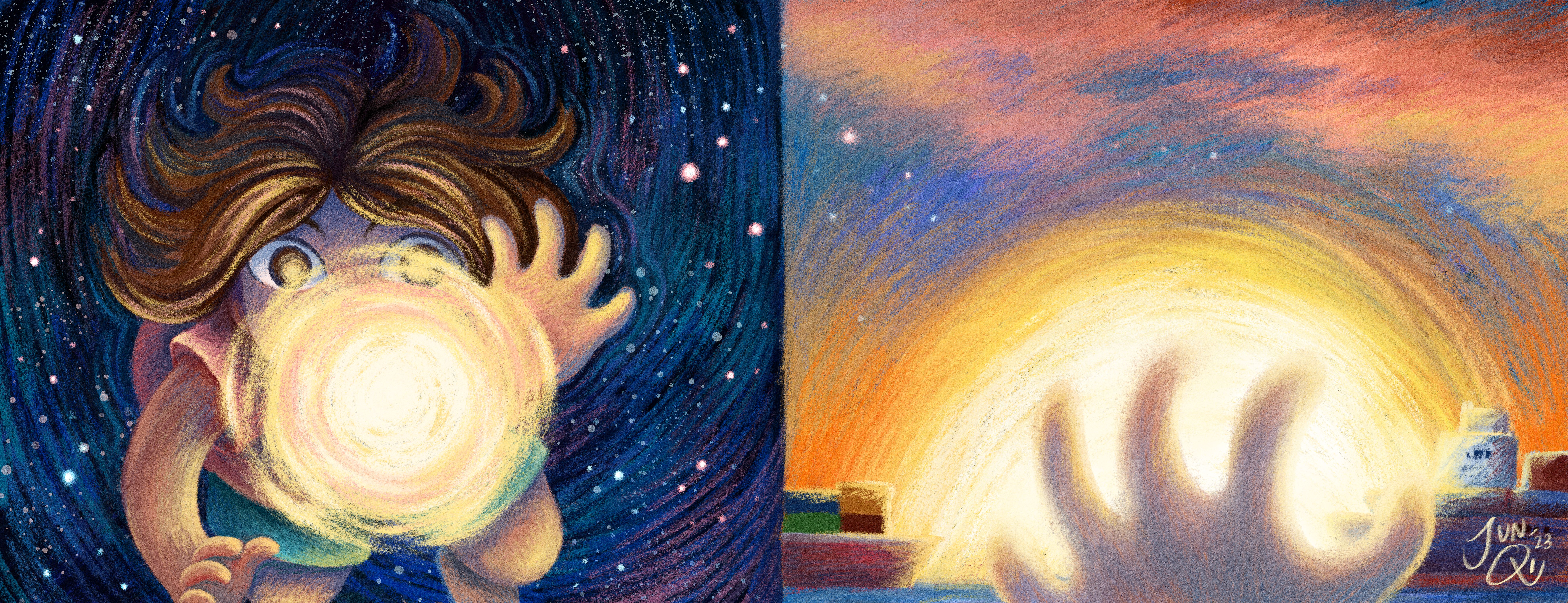 2-page spread illustration - left spread shows the frontal view of a girl floating in spacesea reaching out for a glowing orb. The right spread shows the girls' hand reaching for a glowing orb of a sun on the horizon, with ships visible in the distance.