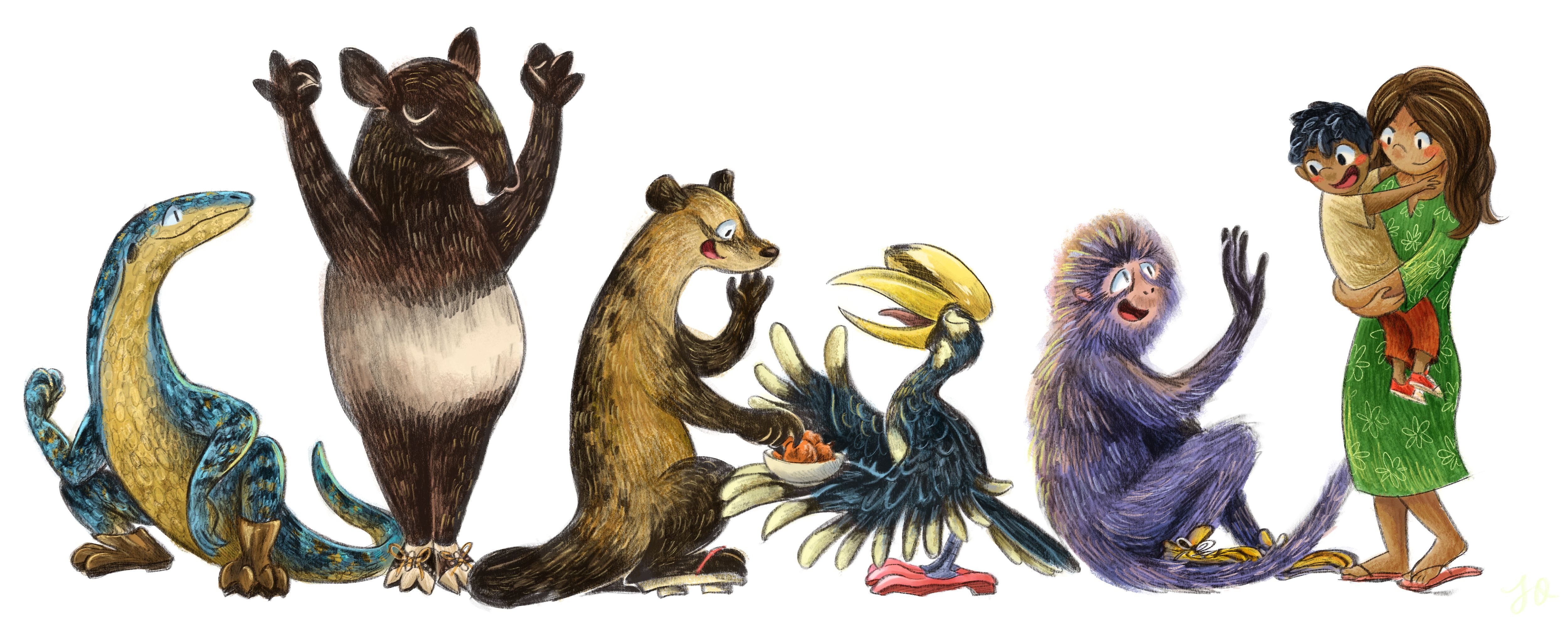 Illustration of characters from Is This Your Shoe - a Malayan Water Monitor, Malayan Tapir, Musand (Palm Civet), Pied Oriental Hornbill, Banded Leaf Monkey and a human mother carrying her toddler, against a white background.