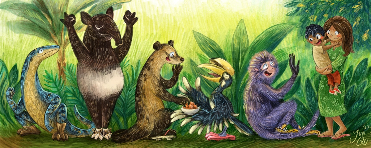 Illustration of characters from Is This Your Shoe - a Malayan Water Monitor, Malayan Tapir, Musand (Palm Civet), Pied Oriental Hornbill, Banded Leaf Monkey and a human mother carrying her toddler, against a tropical forest background.
