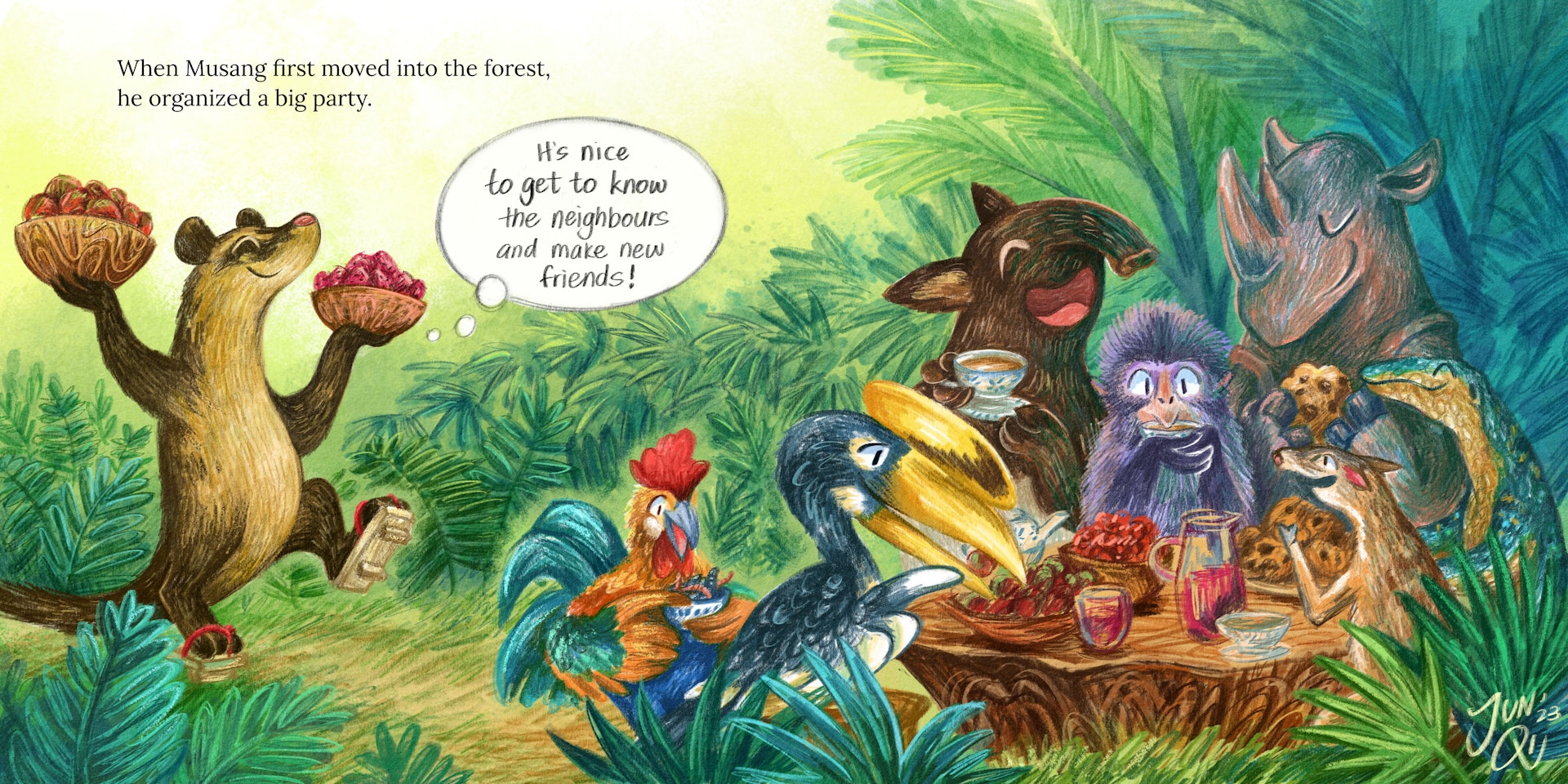 Two page spread illustration showing a musang carrying bowls of fruit to a table seated full of other animals having a tea party in a tropical forest