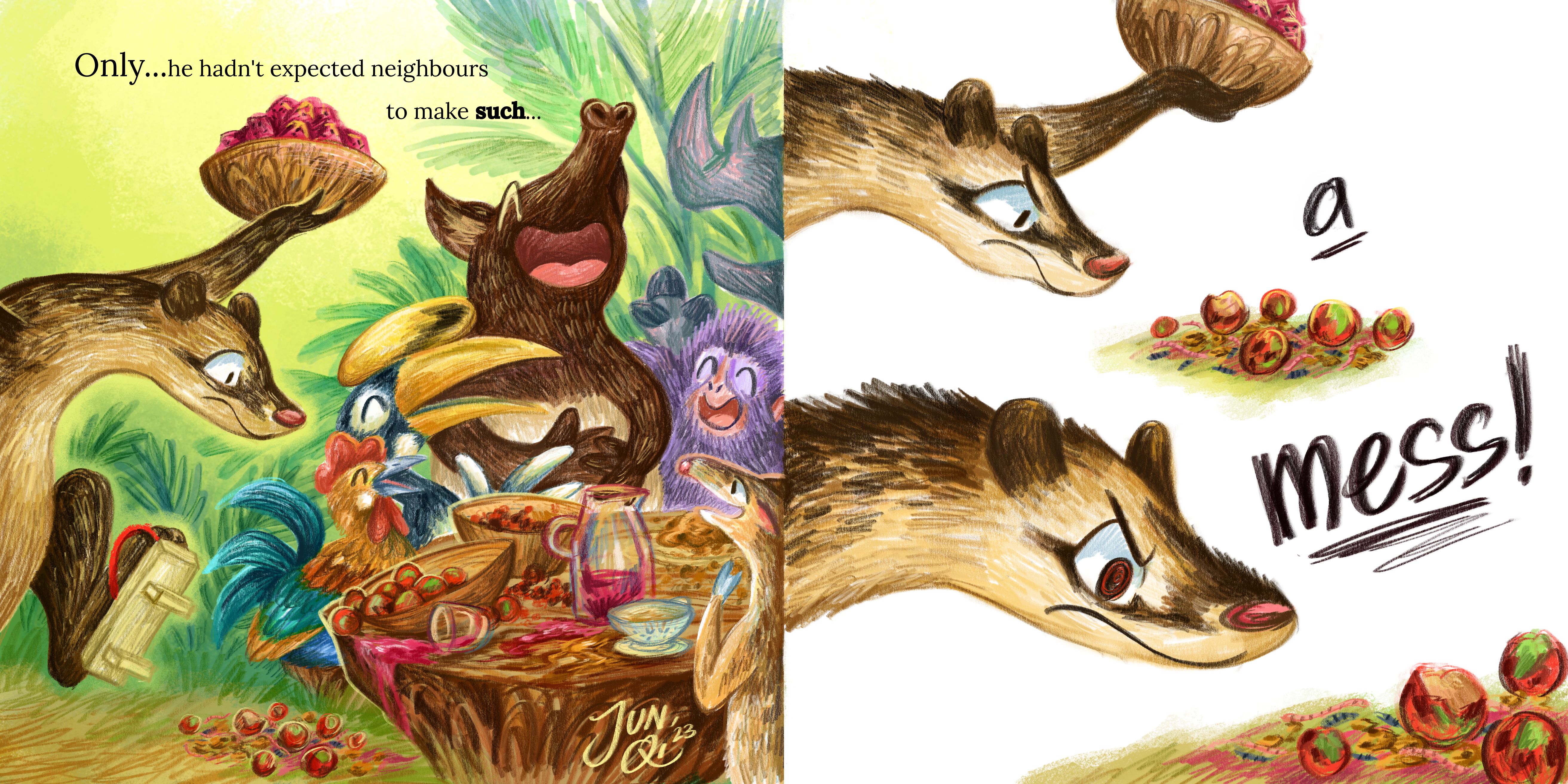 Two page illustration showing a musang carrying bowls of fruit to a table seated full of other animals having a tea party in a tropical forest, but getting very angry when he sees the mess they have made