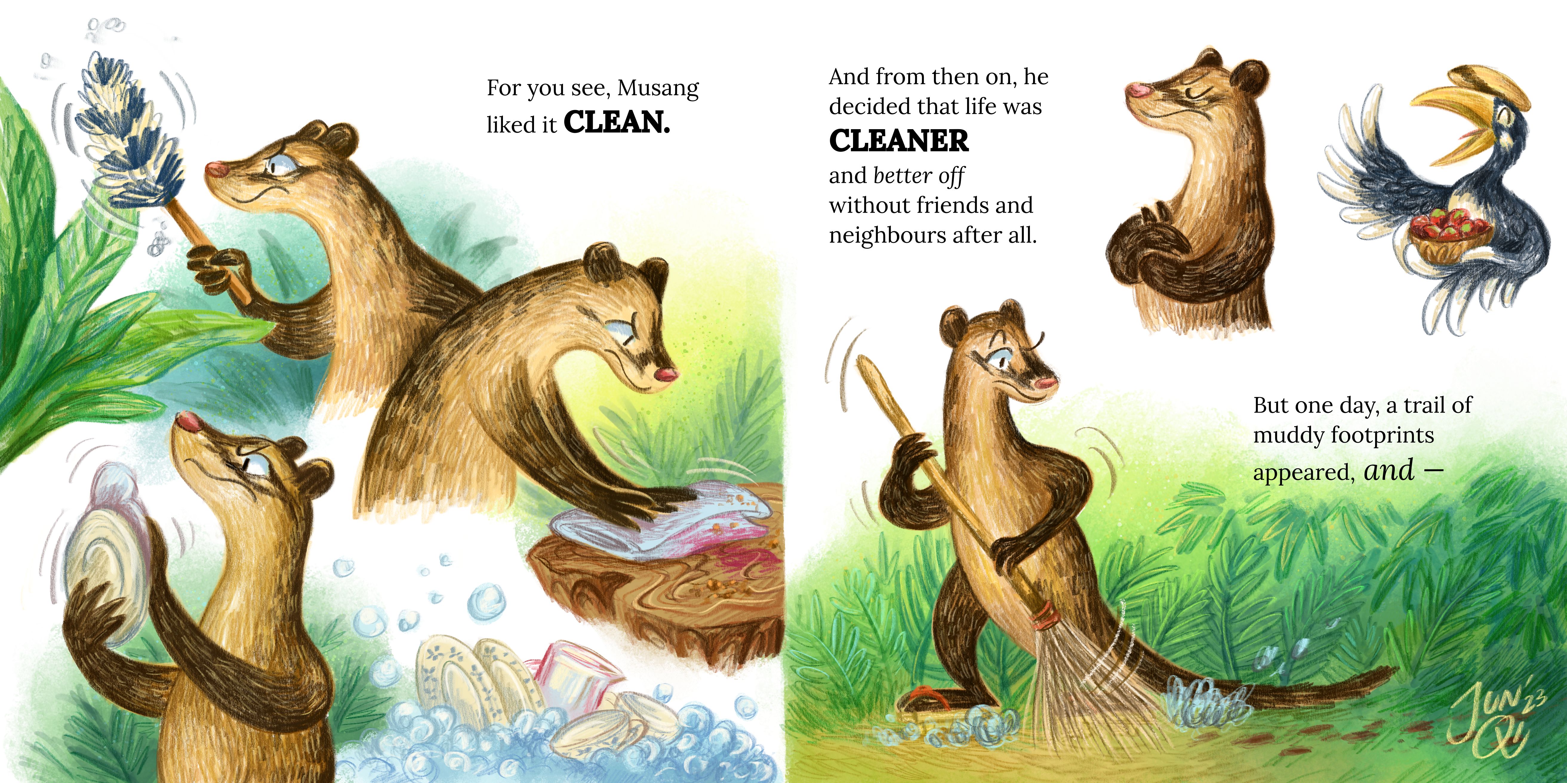 Two page spot illustrations showing a musang cleaning his place and noticing a trail of muddy footprints while sweeping.