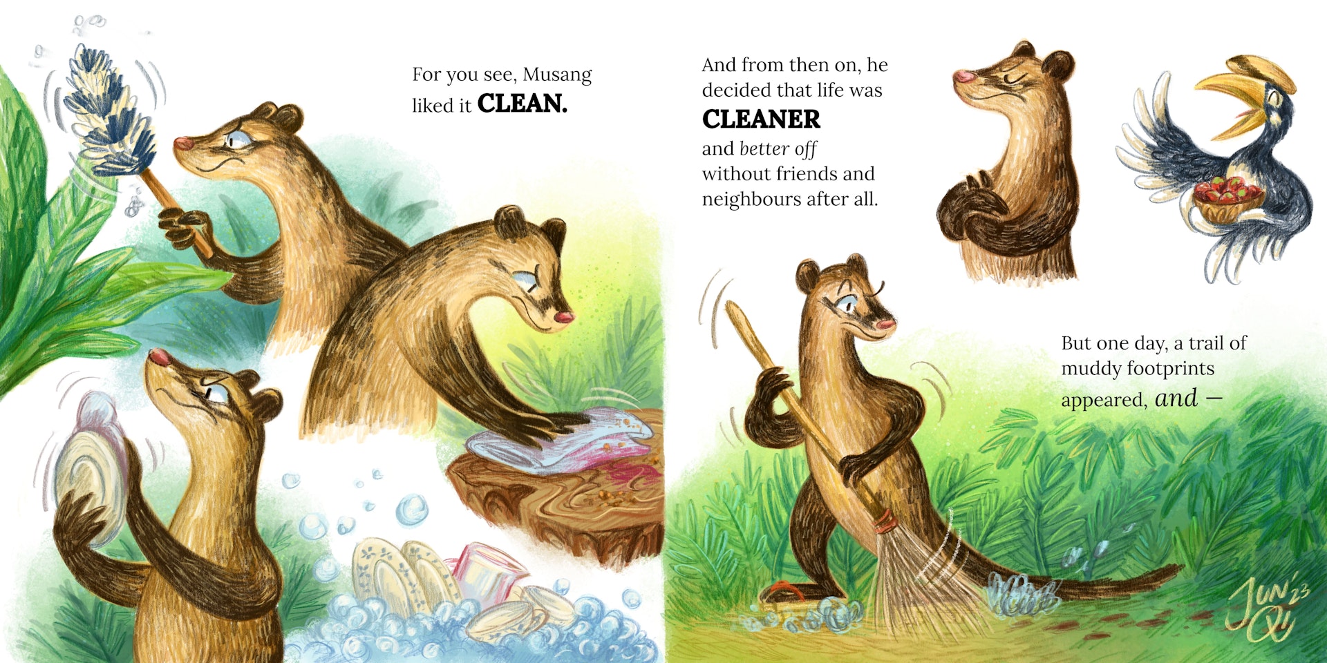 Two page spot illustrations showing a musang cleaning his place and noticing a trail of muddy footprints while sweeping.