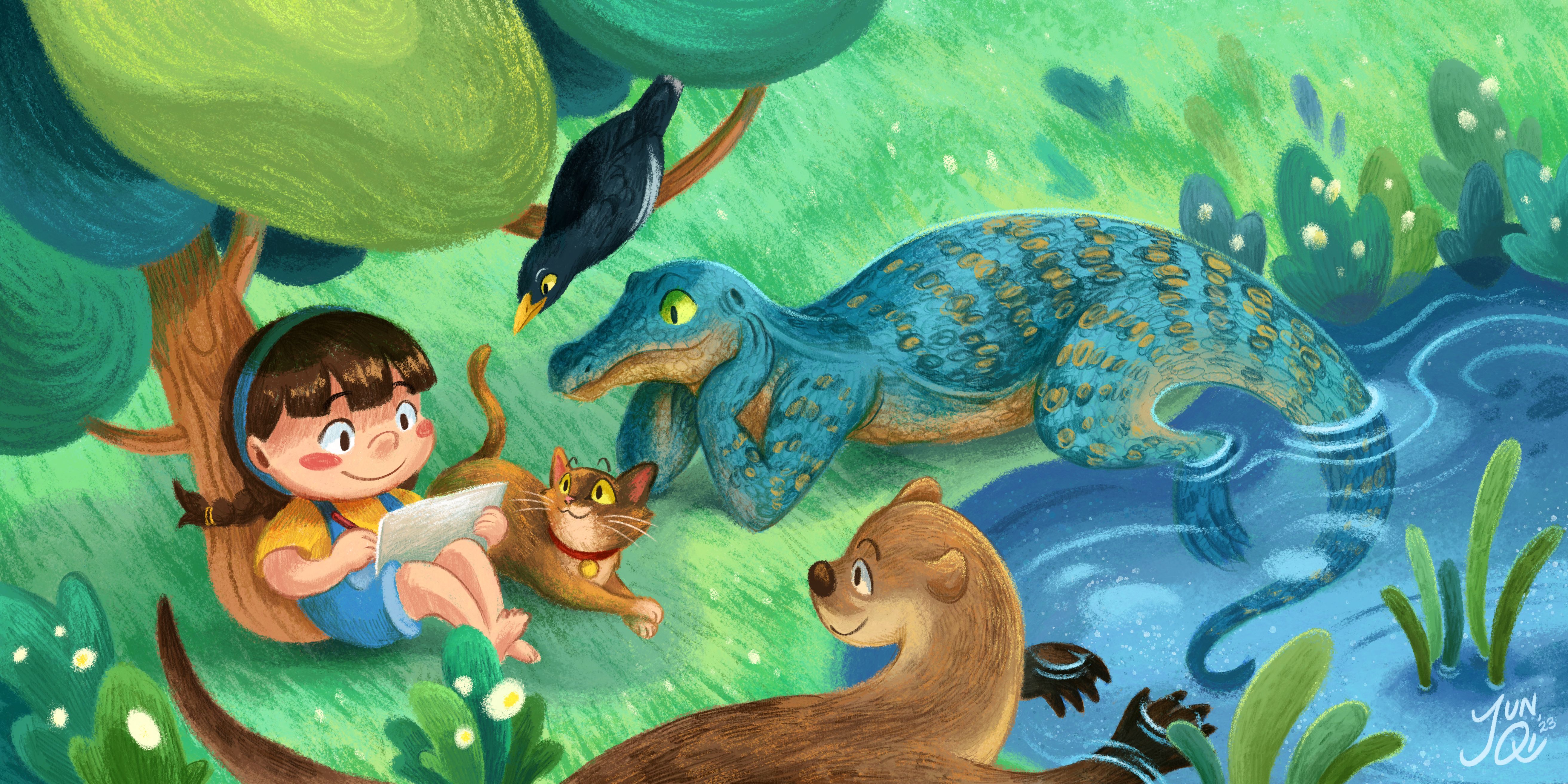 Illustration showing Shan Shan out sketching under a tree by the river, with her animal friends.