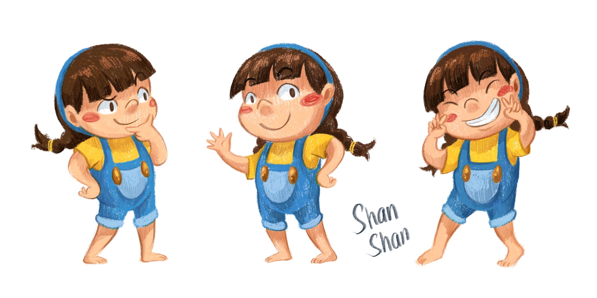 Illustrations of Shan Shan in three different poses