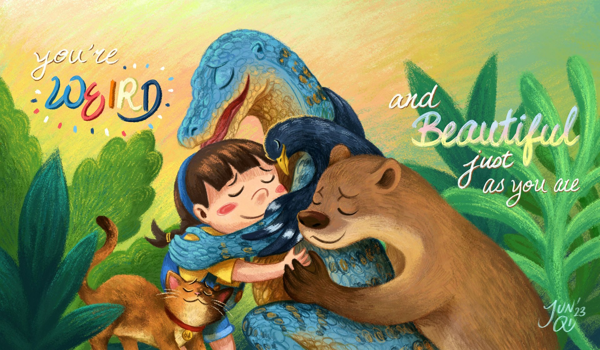 Illustration of Shan Shan and her animal friends embracing each other in a big hug in the park