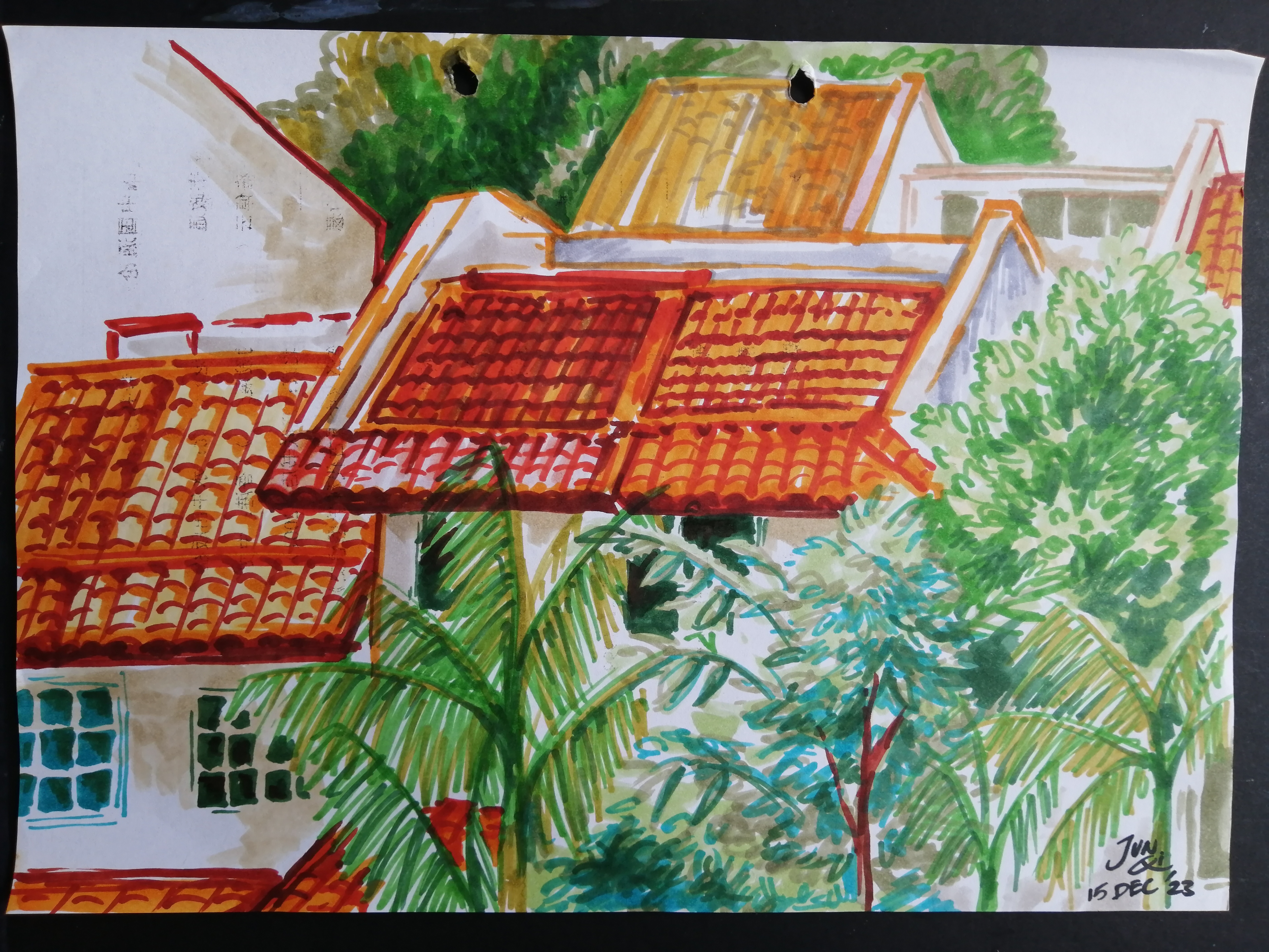 Sketch of the rooftops of a bunch of houses from my room