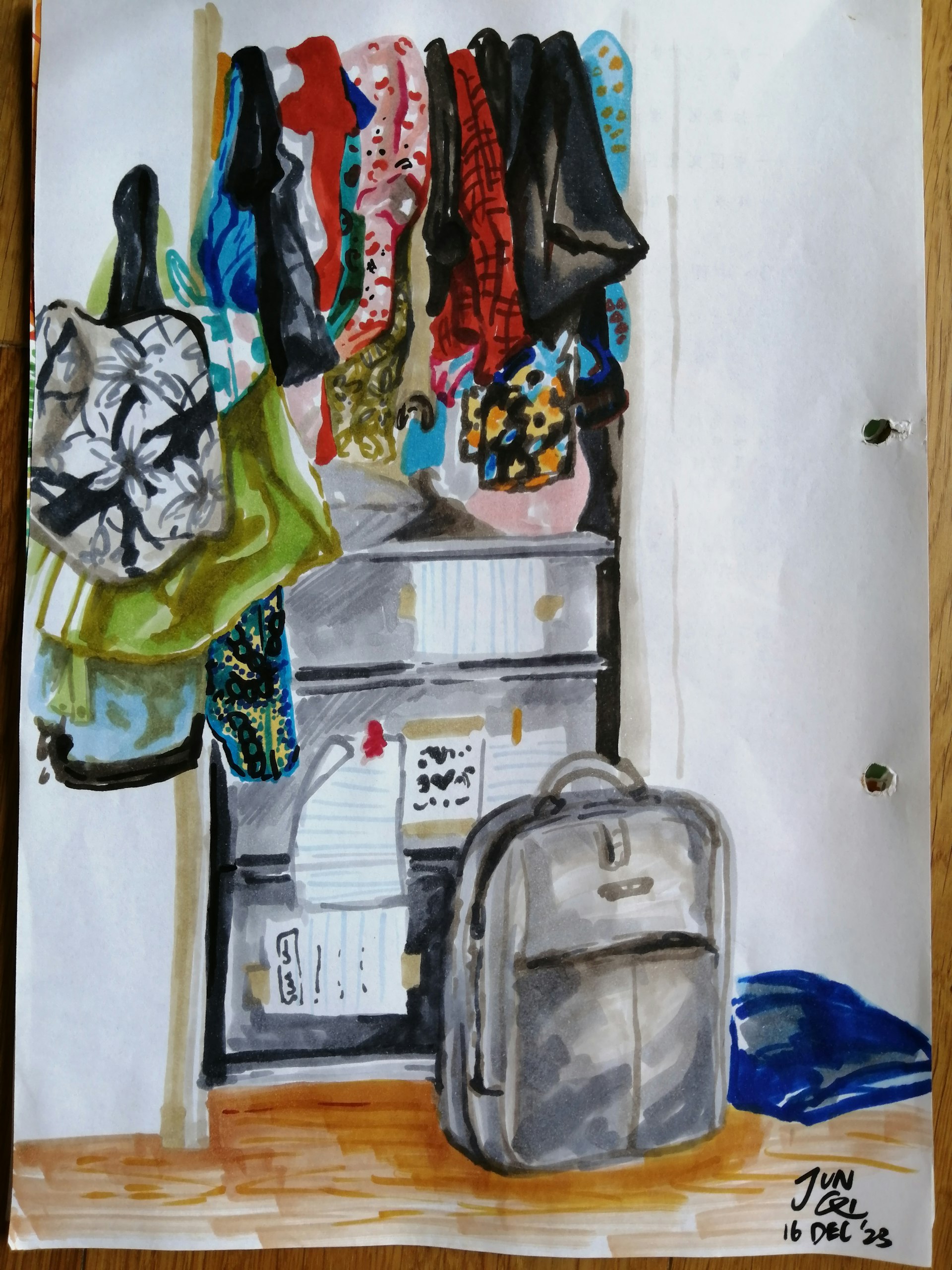 Sketch of clothes in my wardrobe and my bags