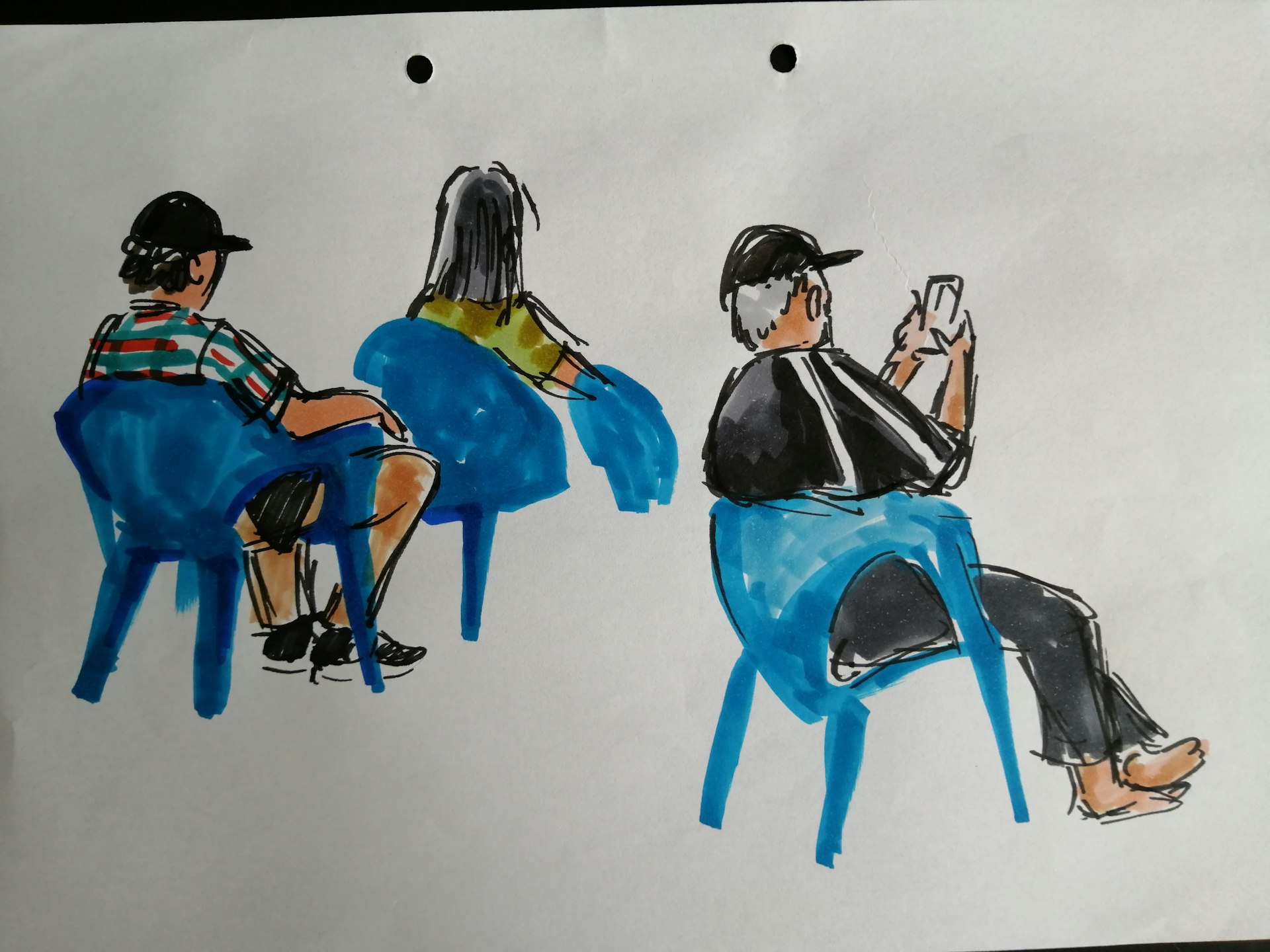 Fountain pen and copic sketches of people sitting on blue chairs in Our Tampines Hub
