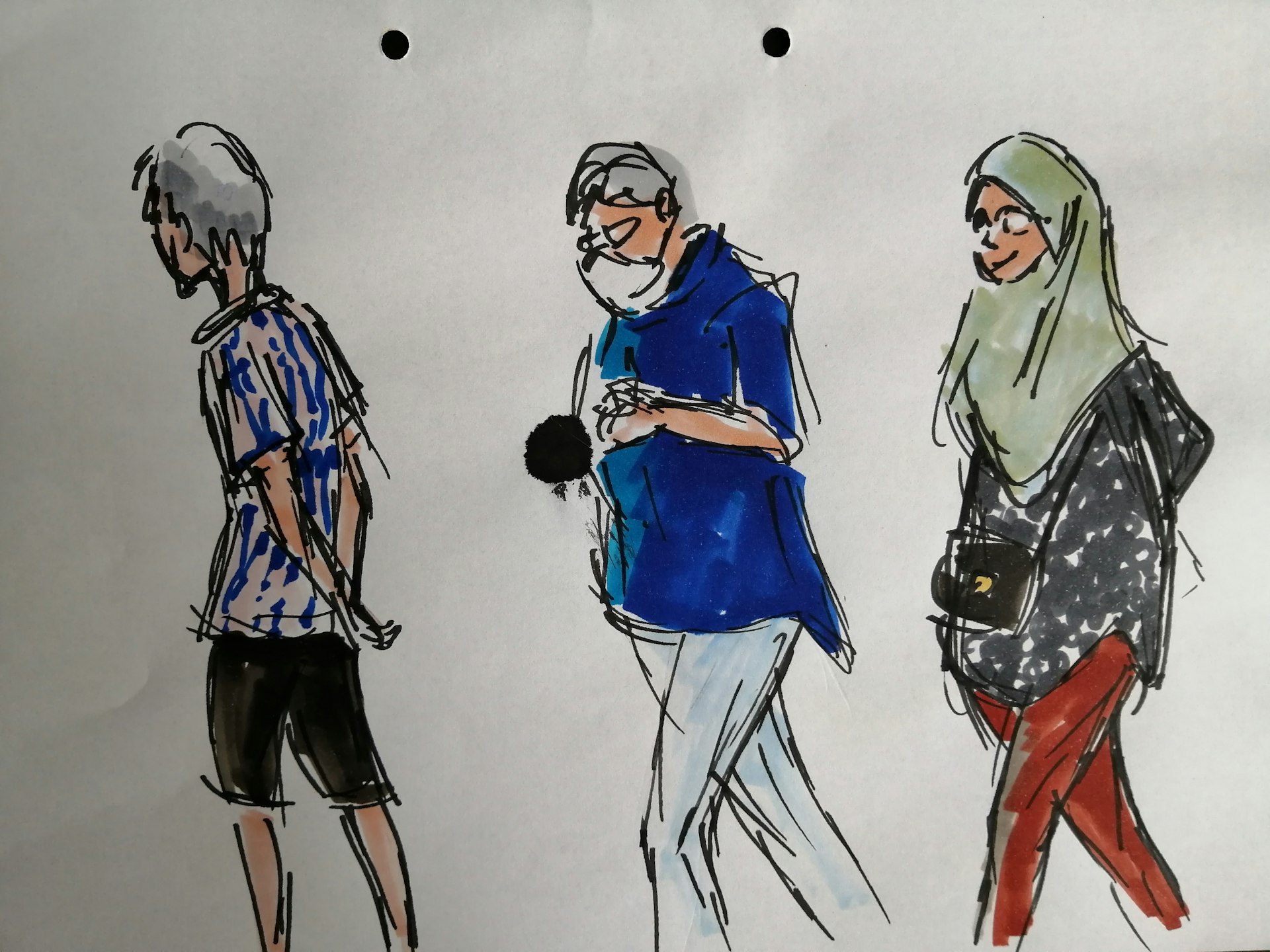 Fountain pen and copic sketches of 3 different people walking through Our Tampines Hub.