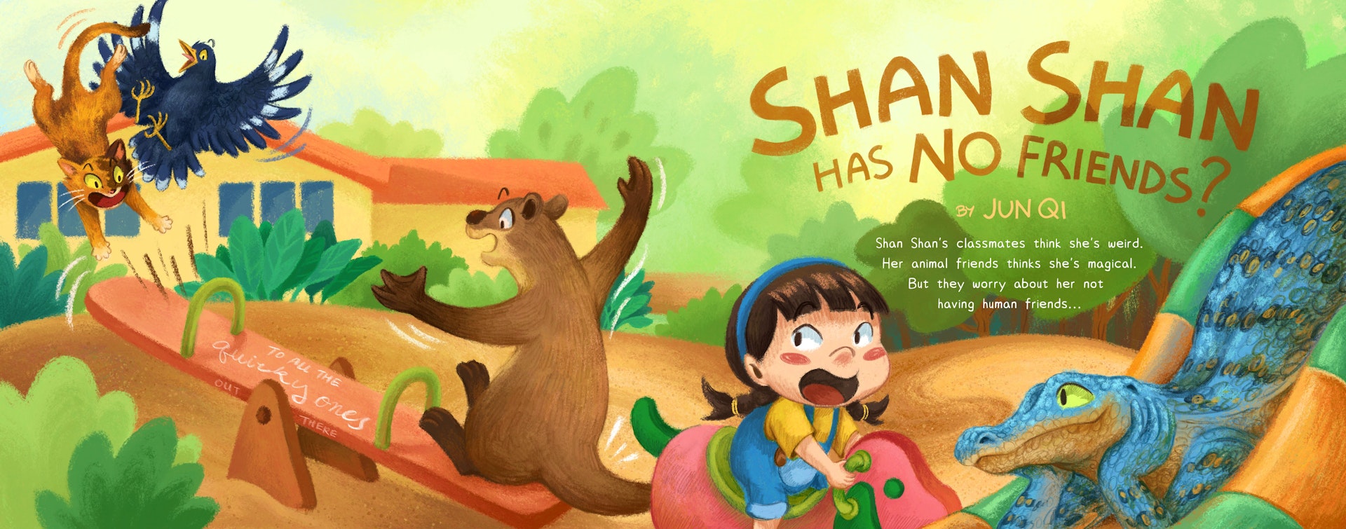 Double spread illustration showing Shan Shan and her animal friends playing at the playground in front of the preschool and park.