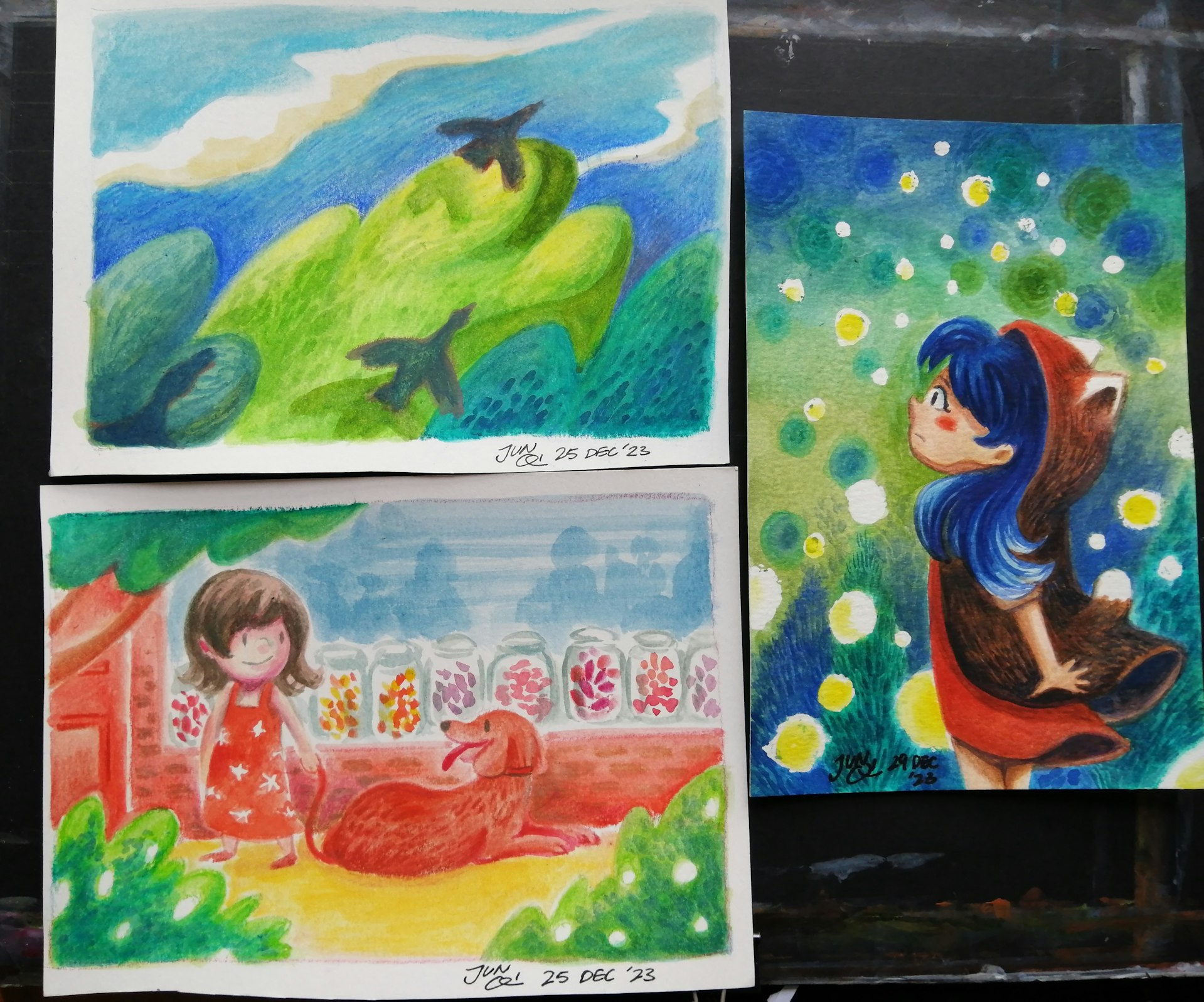 Montage of 3 different watercolour illustrations.