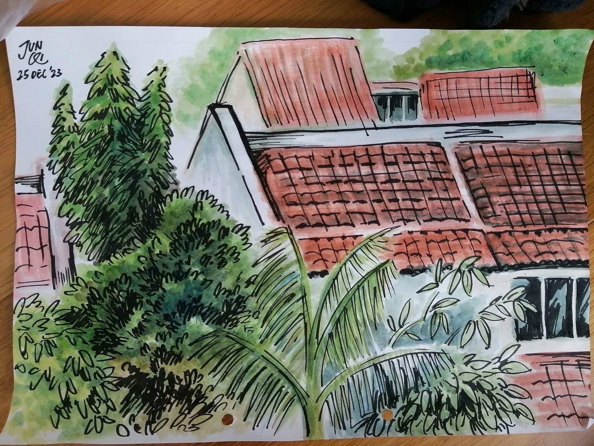 Watercolour and ink sketch of roofs and foliage
