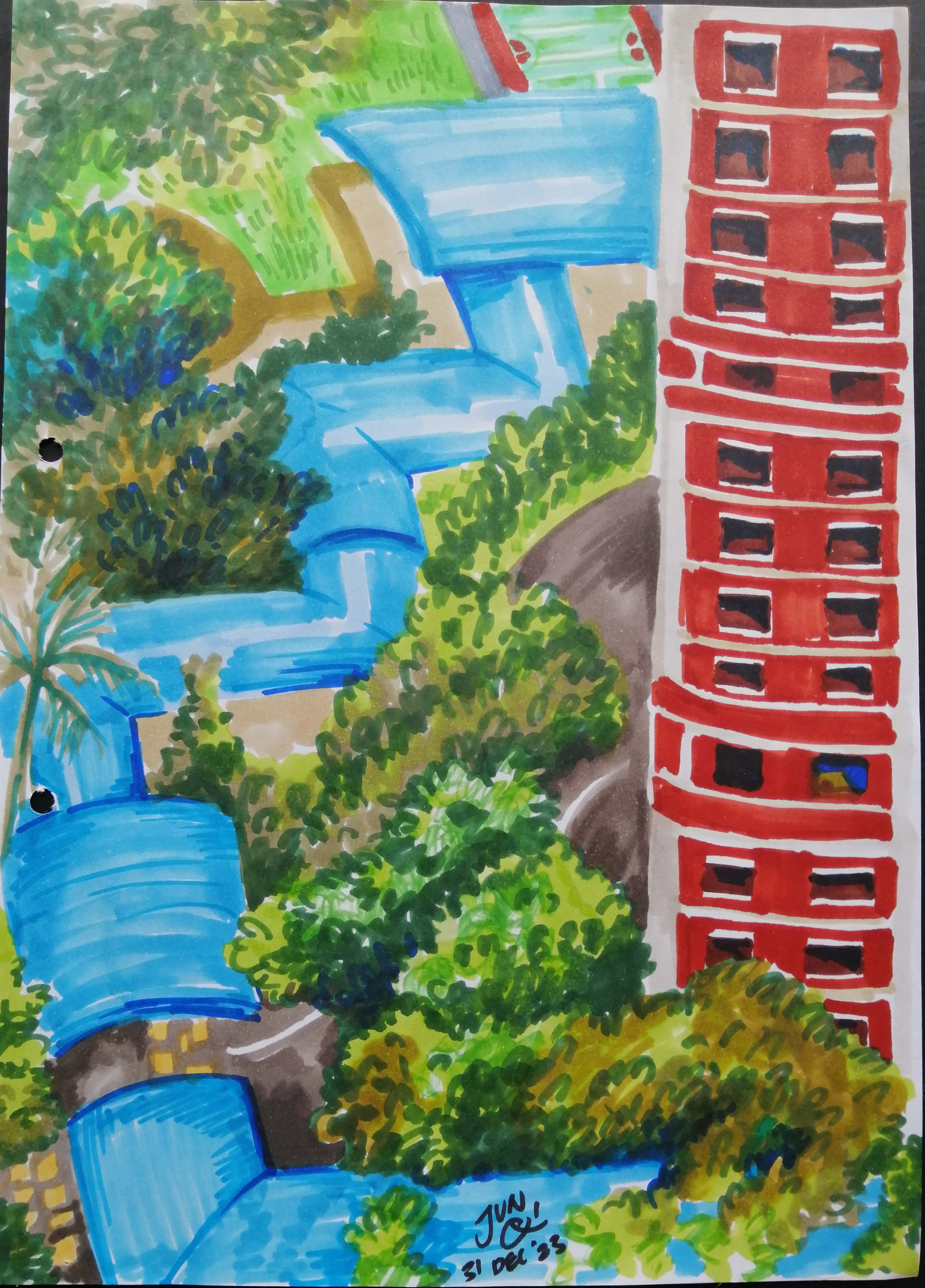 Sketch of a HDB sheltered walkway and flat.