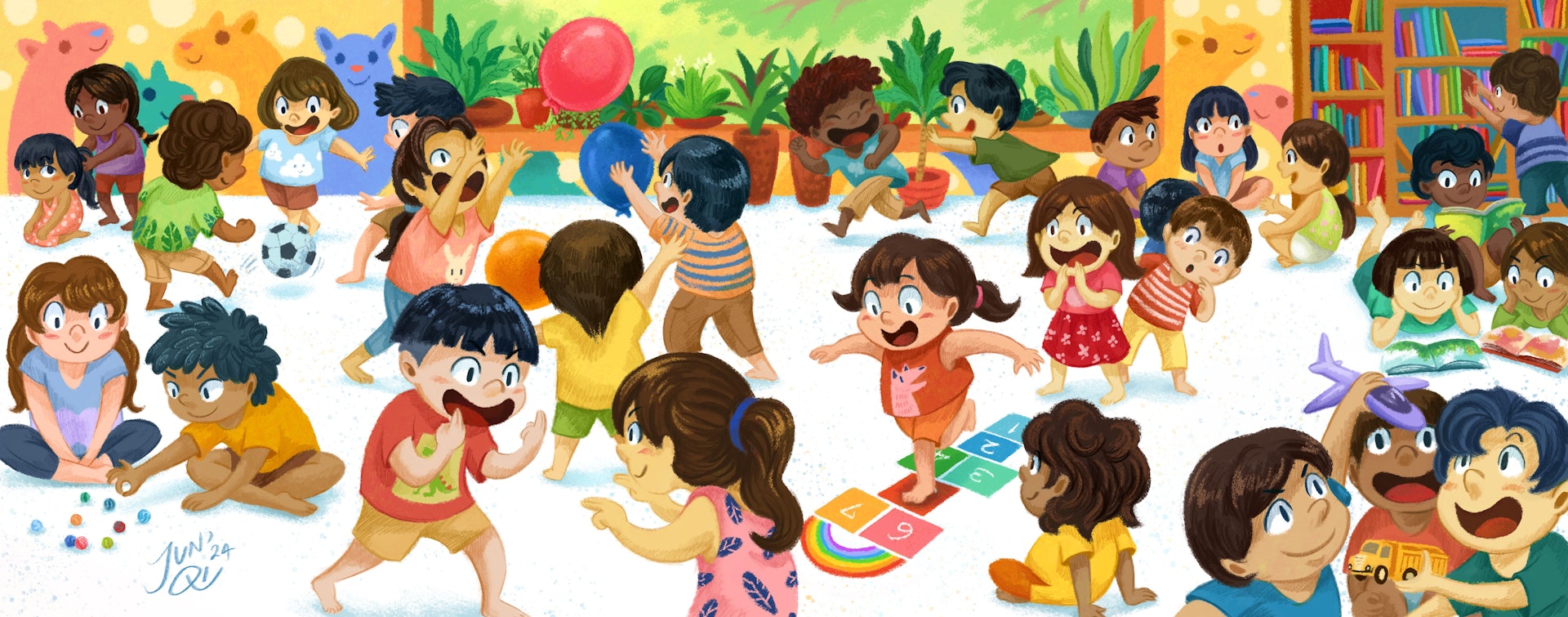 Illustration of children playing during recess in a colorful classroom.