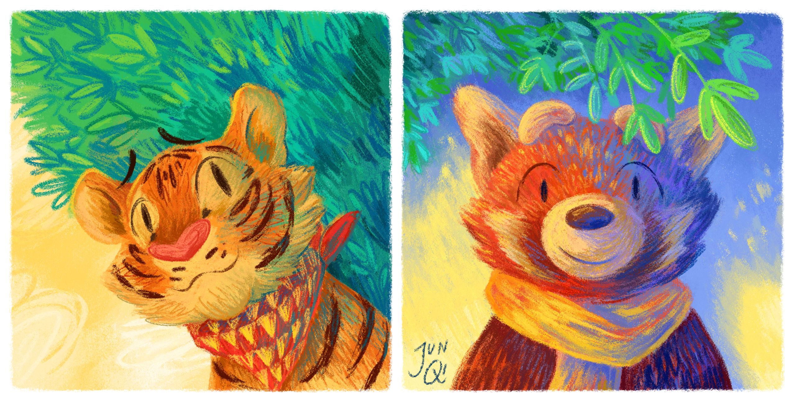 Digital illustration of a red panda and tiger character with bamboo foliage in the background